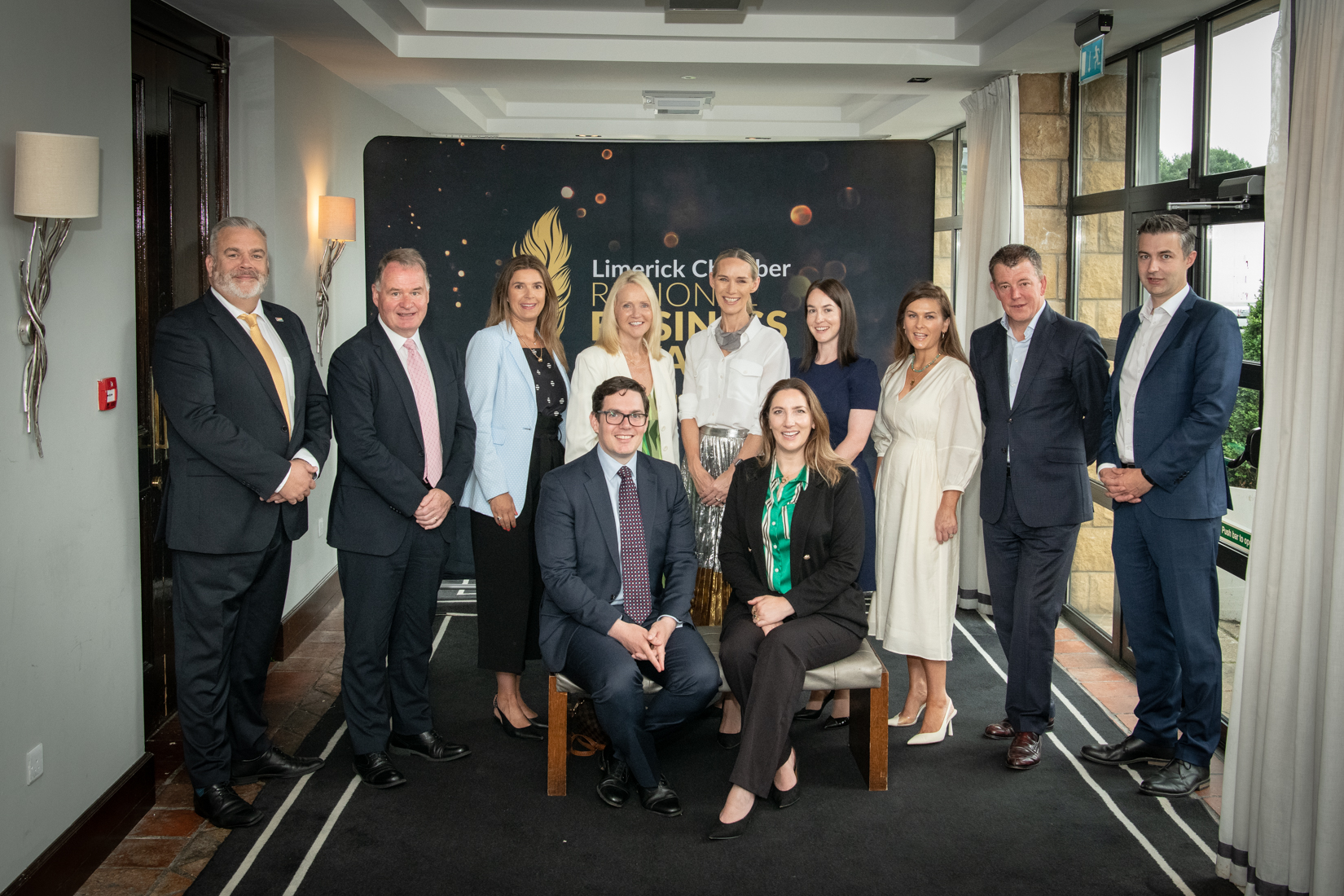 no repro fee: : Limerick Chamber Regional Awards 2023 Business Breakfast which was held in The Castletroy Hotel on the 23rd June. From left to right: Back Row: Noel Gavin - Northern Trust, Pat Piggott - AIB, Lisa Killeen - HOMS, Nadi O’Sullivan - The Shannon Airport Group, Dee Ryan - CEO / Limerick Chamber, Gemma Harte - BDO, Leenanne Storan - EY, Gramham Burns - CPL, Rory Corbett - Limerick City and County Council. Front Row:: Michael MacCurtain - Limerick Chamber Skillnet, Gillan Barry - TUS. All mention are Limerick Chamber Business Award sponsors.