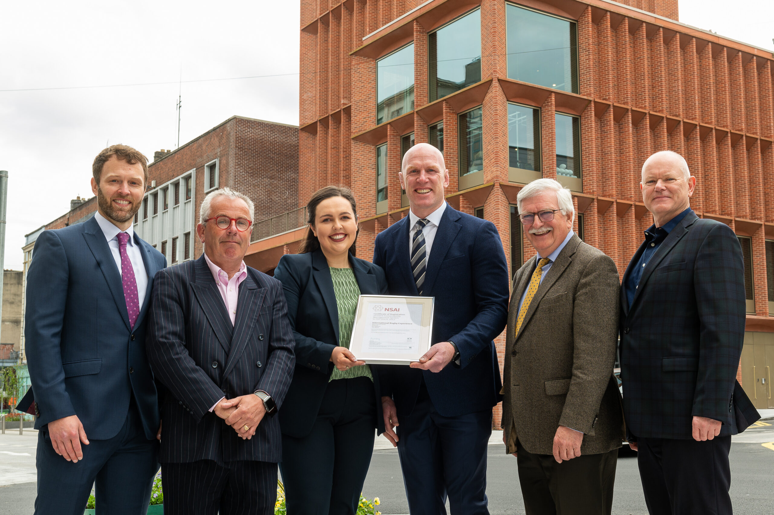 Pictured at the International Rugby Experience ISO 20121 certification presentation: Stewart Hickey (Head of Business Excellence, NSAI), John Donlon (Endsleigh Technologies Ltd), Tracy Deane (IRE Operations Manager), Paul O’Connell (IRE Chairman), James Kennedy (NSAI Chairman) and Barry Smith (Standards Officer, NSAI)