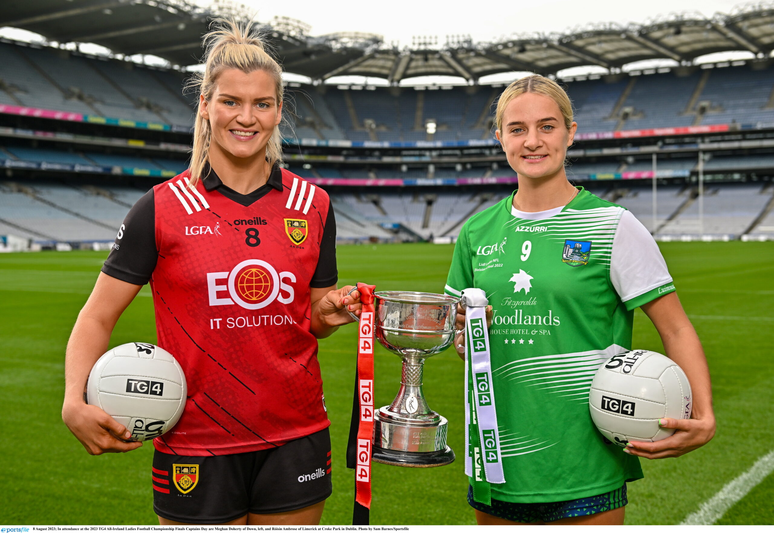 Limerick LGFA 8 August 2023; In attendance at the 2023 TG4 All-Ireland Ladies Football Championship Finals Captains Day are Meghan Doherty of Down, left, and Róisin Ambrose of Limerick at Croke Park in Dublin. Photo by Sam Barnes/Sportsfile