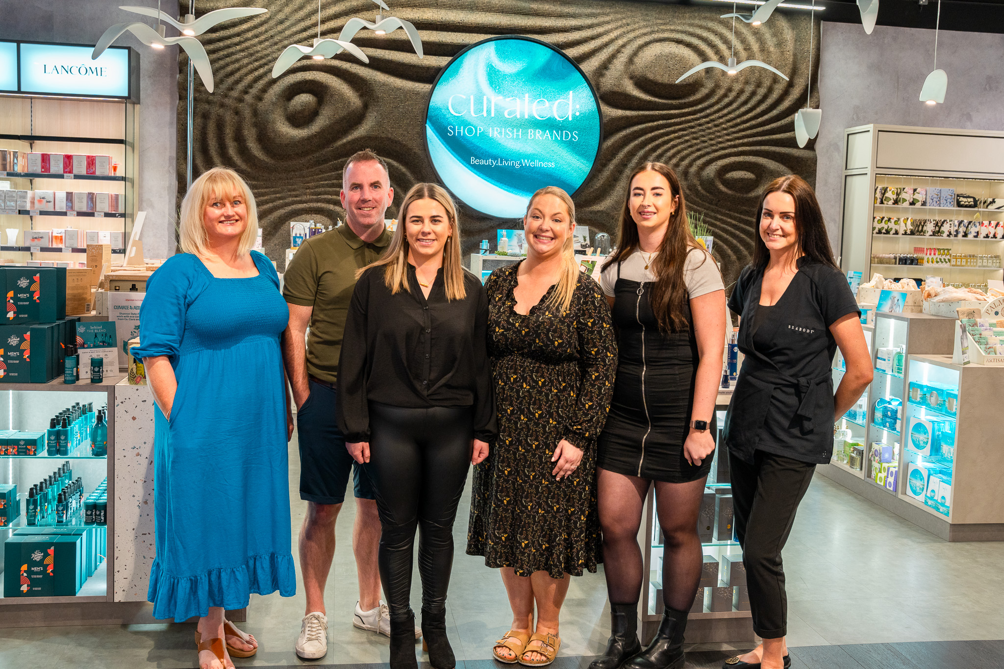 The sky’s the limit for local Irish brands in Shannon Duty Free’s new Beauty, Living and Wellness area called Curated. Pictured left to right is Yvonne Daly (Mervue), Evan Talty (Wild Irish Seaweed), Chantelle Keane, Danielle Kenneally and Aisling Kenneally (Wix & Wax Ireland) and Orla Kenny (Seabody),whose products are all featured in Duty Free's new Curated section. IMAGE NO REPRO FEE.