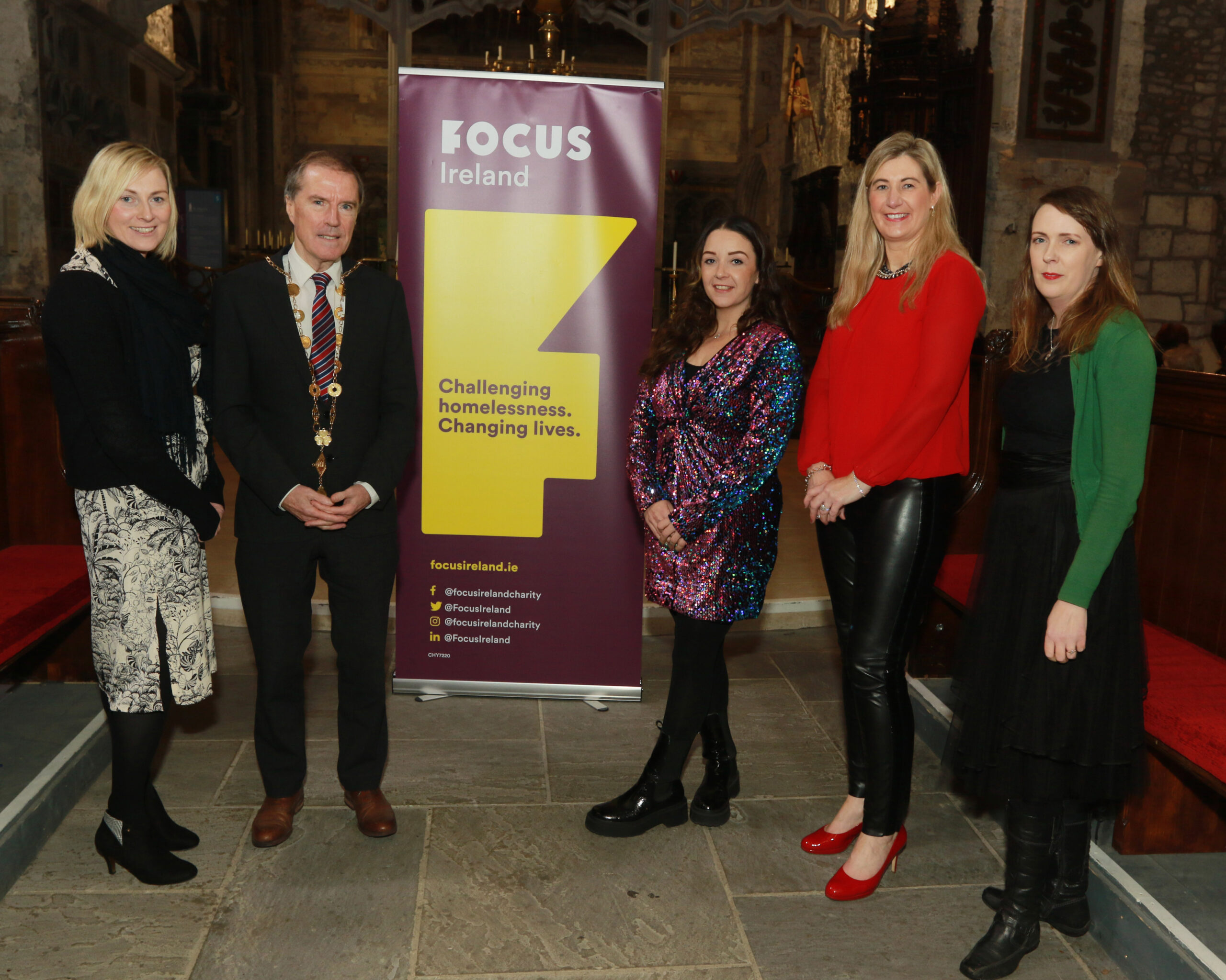 Focus Ireland Christmas Concert 2023 - Grainne Madigan , Focus Ireland, Mayor of Limerick Councillor Gerald Mitchell, Katie Sheehan, MC, Maura McMahon, Focus Ireland and Emer O'Flathery, Iarnród Éireann, Sponsor attending the Focus Ireland Christmas Concert of Hope 2023 at St Mary's Cathedral
