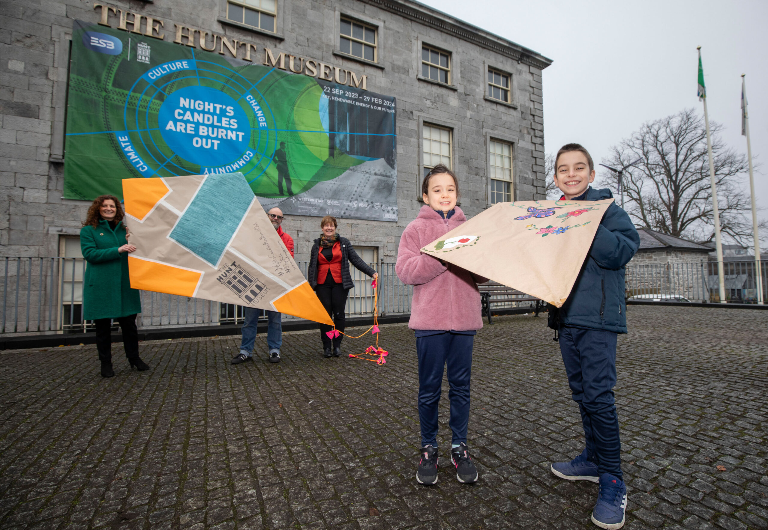 Kite Power Festival launch at the Hunt Museum - pictured above were Sinead Murphy, Shannon Airport Group, Martin Shannon, Lumen Theatre and Jill Cousins, The Hunt Museum with Coolcappagh National School pupils, Sienna Ruttle and Ethen O'Donovan. Picture: Alan Place
