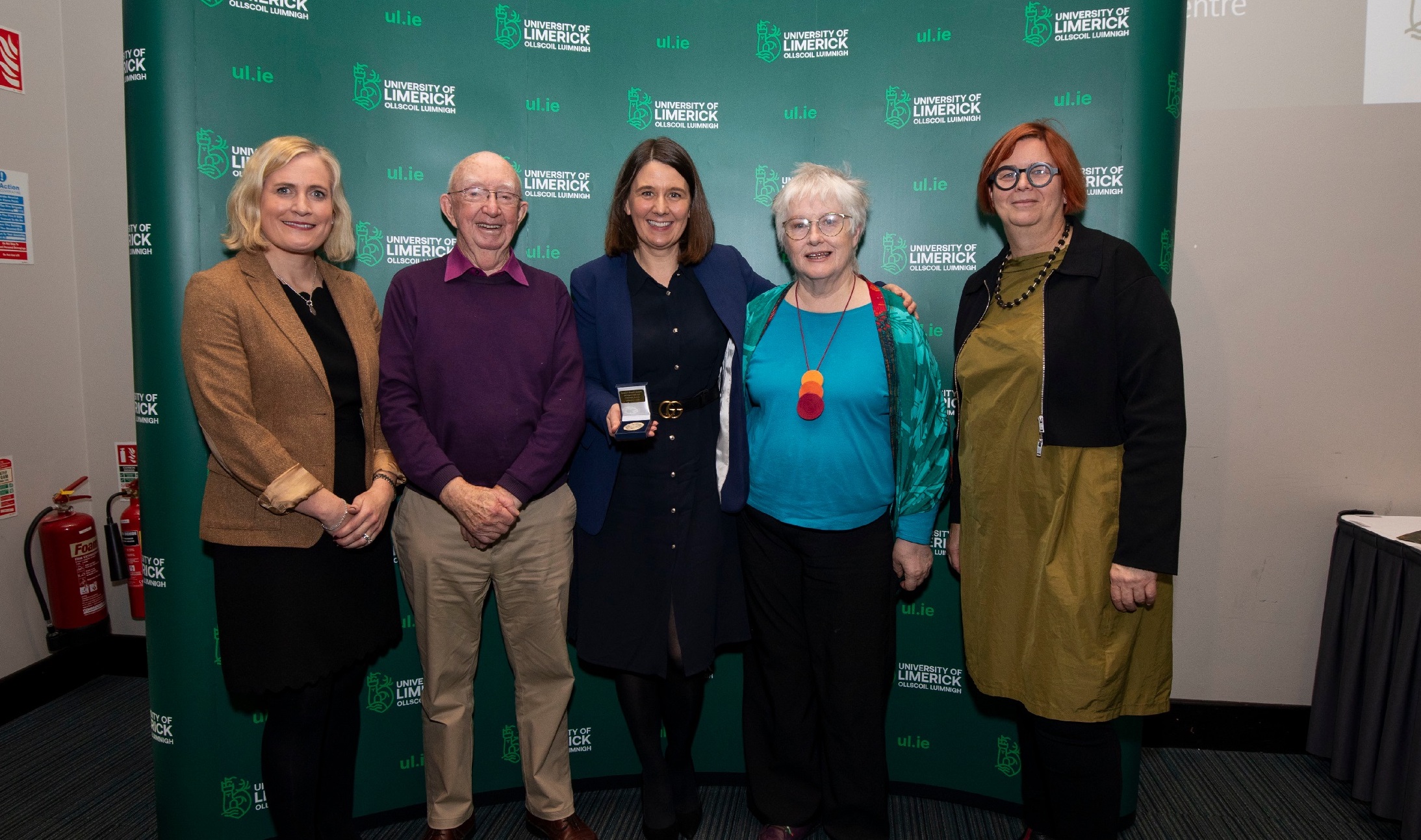 UL Ageing Research Centre - Pictured at the University of Limerick President’s Research Excellence and Impact Awards was Outstanding Research as adjudicated by the Research Impact Committee, Collaboration Award recipients, Professor Rose Galvin, Ageing Research Centre (ARC), UL Bernard Collins, ARC Stakeholder Panel member, Professor Katie Robinson, ARC UL, Una Breen, ARC Stakeholder Panel member and Professor Kerstin Mey, President UL Picture: Alan Place