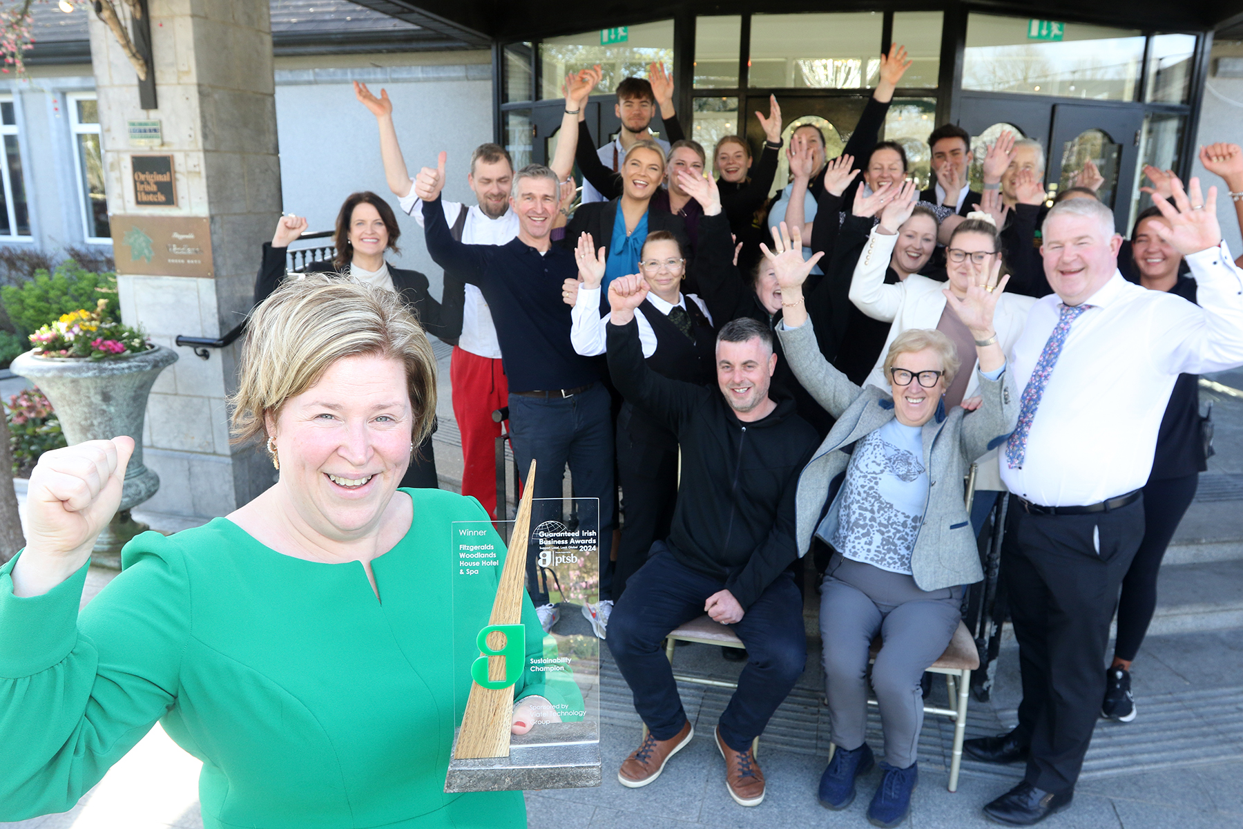 Fitzgerald’s Woodlands Hotel owners Elana and  Mary  Fitzgerald with Caoimhin Brosnan with the Woodlands House Hotel Winning Team  celebrating winning the Sustainability Champion Award at the Guaranteed Irish Business Awards 2024. Picture Brendan Gleeson