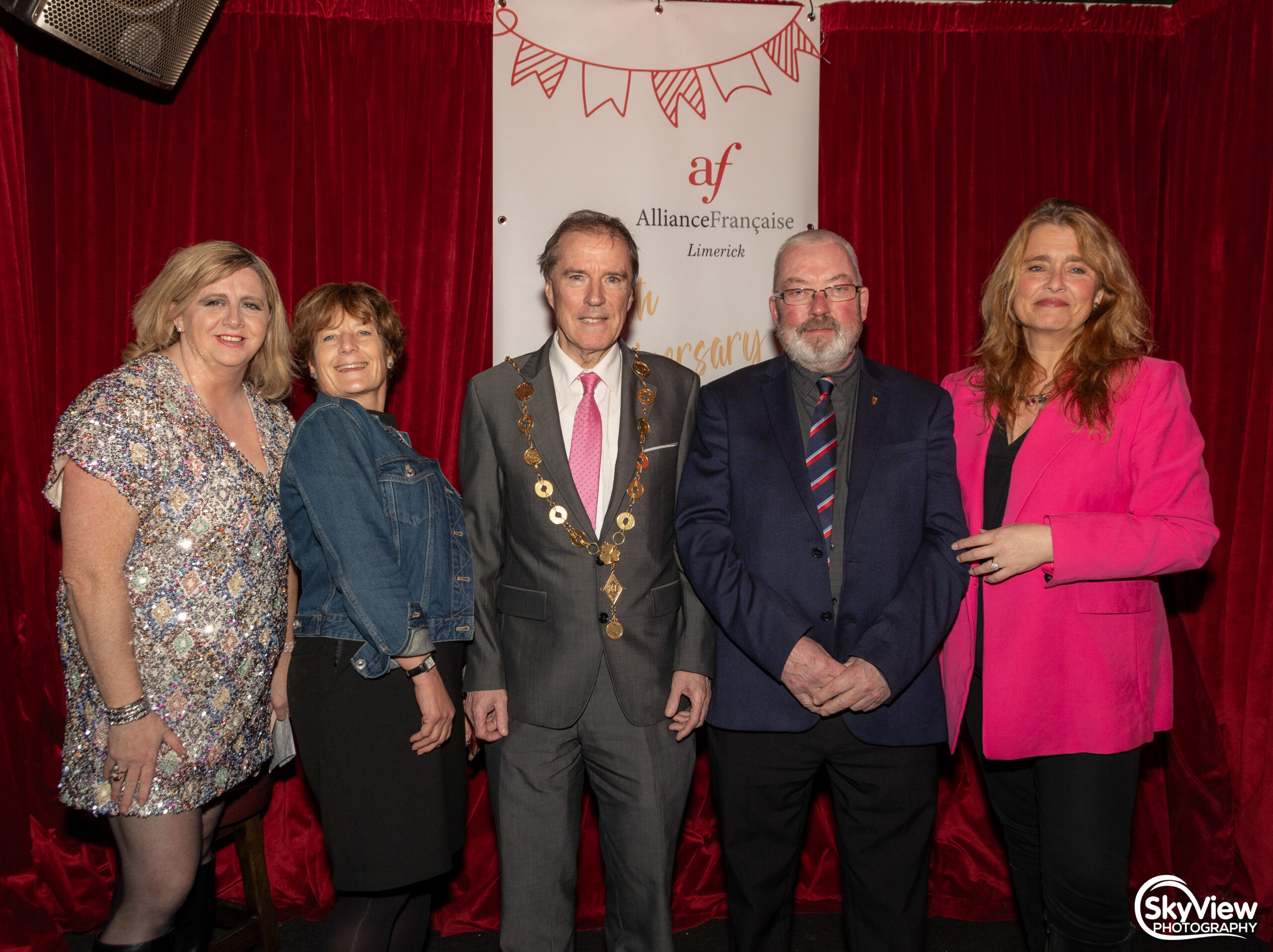 Michelle Daly-Hayes (AFL Treasurer), Jill Cousins (AFL President), Mayor Gerald Mitchell, Denny Hourigan (attendee) and Lorna Hodkinson (AFL Board Member alliance francaise limerick 80th