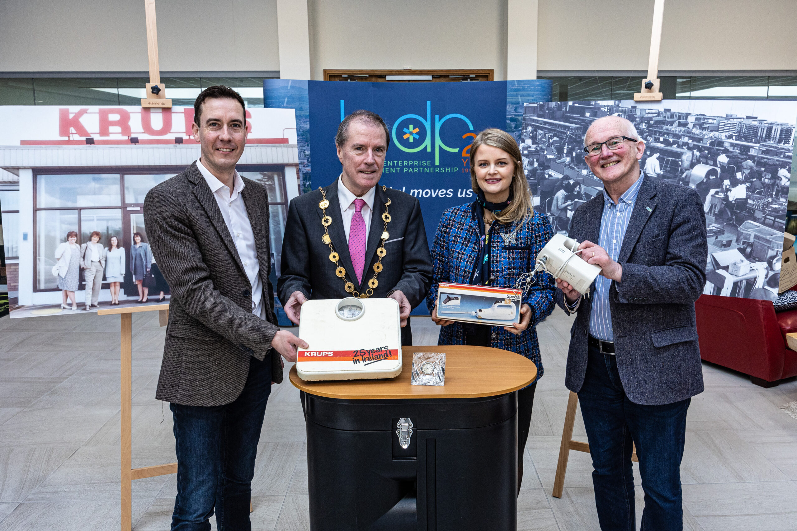 Krups Exhibition will take place in September to mark the closure of the famous factory and subsequent creation of LEDP, 25 years on. Pictured above at the public appeal were Niall O'Callaghan, Chief Executive, LEDP, Mayor of the City & County of Limerick, Councillor Gerald Mitchell, Dr Zara Power, Limerick Museum and Dr Matthew Potter, Limerick Museum. Picture: Keith Wiseman