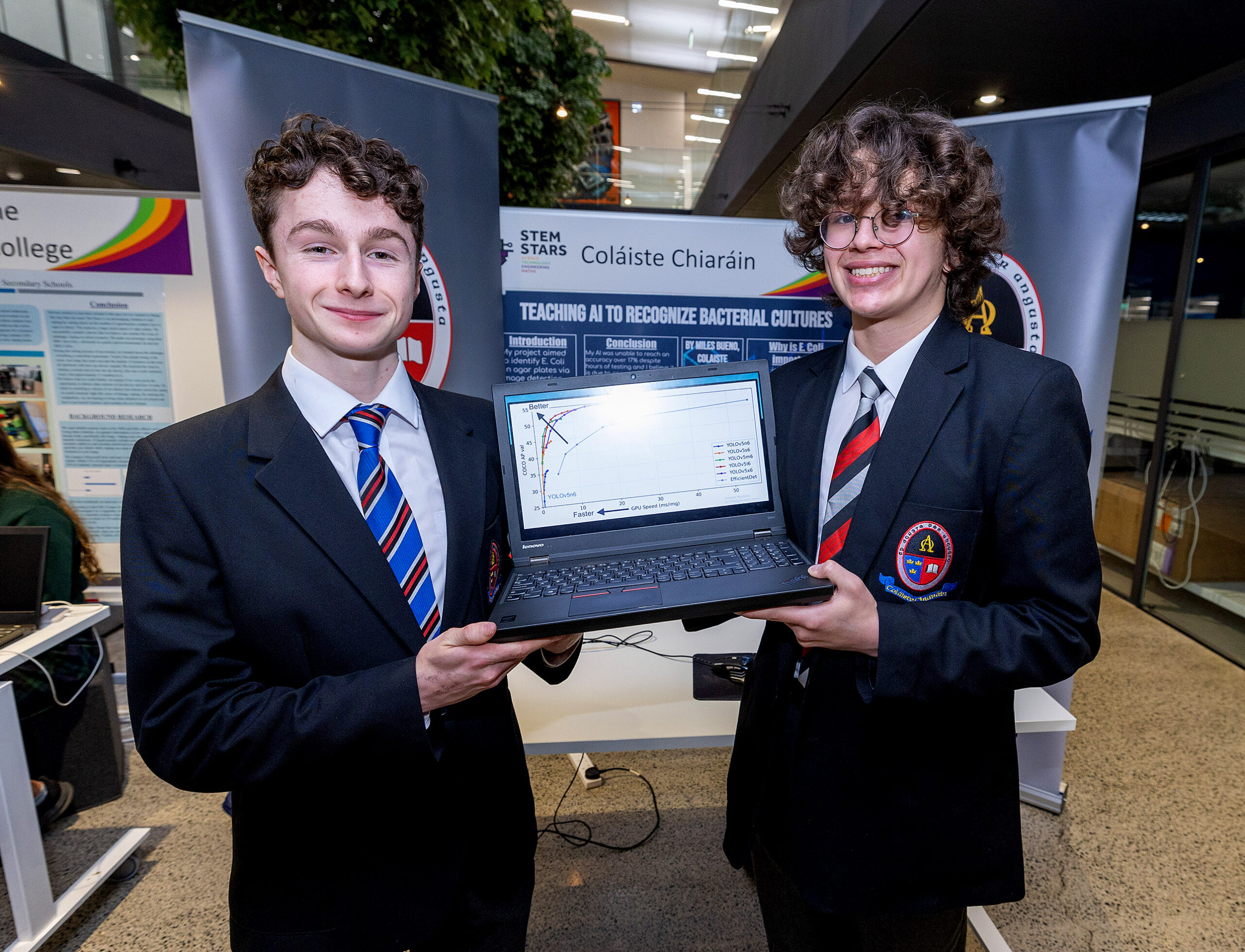 BD STEM Stars Final 2024 “Teaching AI to Recognise Bacterial Cultures” Miles Bueno (right), Cholaiste Chiarain Co. Limerick with Seán O'Sullivan also Coláiste Chiaráin, Co Limerick, the 2024 BT Young Scientist winner pictured at this year's BD STEM Stars event - the biggest schools' competition in Munster promoting Science, Technology, Engineering and Mathematics. The event is run by BD, one of the world's largest med-tech companies, and held at the BD Research Centre Ireland in the National Technology Park, Limerick. Pic Arthur Ellis