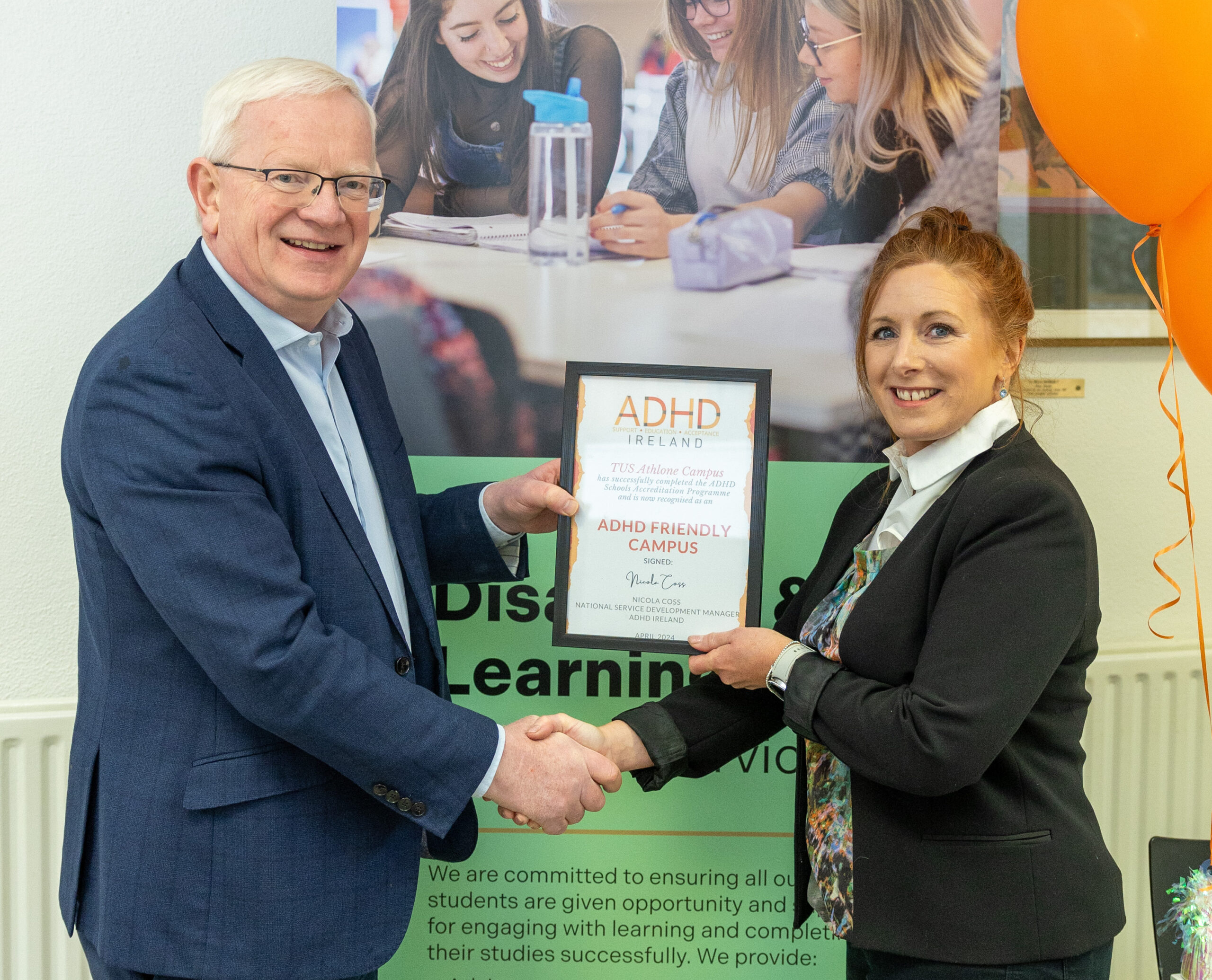 TUS ADHD friendly university - President of TUS Professor Vincent Cunnane with Nicola Coss, National Aervice Development Manager, ADHD Ireland as TUS is designated Ireland’s first ADHD-friendly university. Photo Nathan Cafolla.