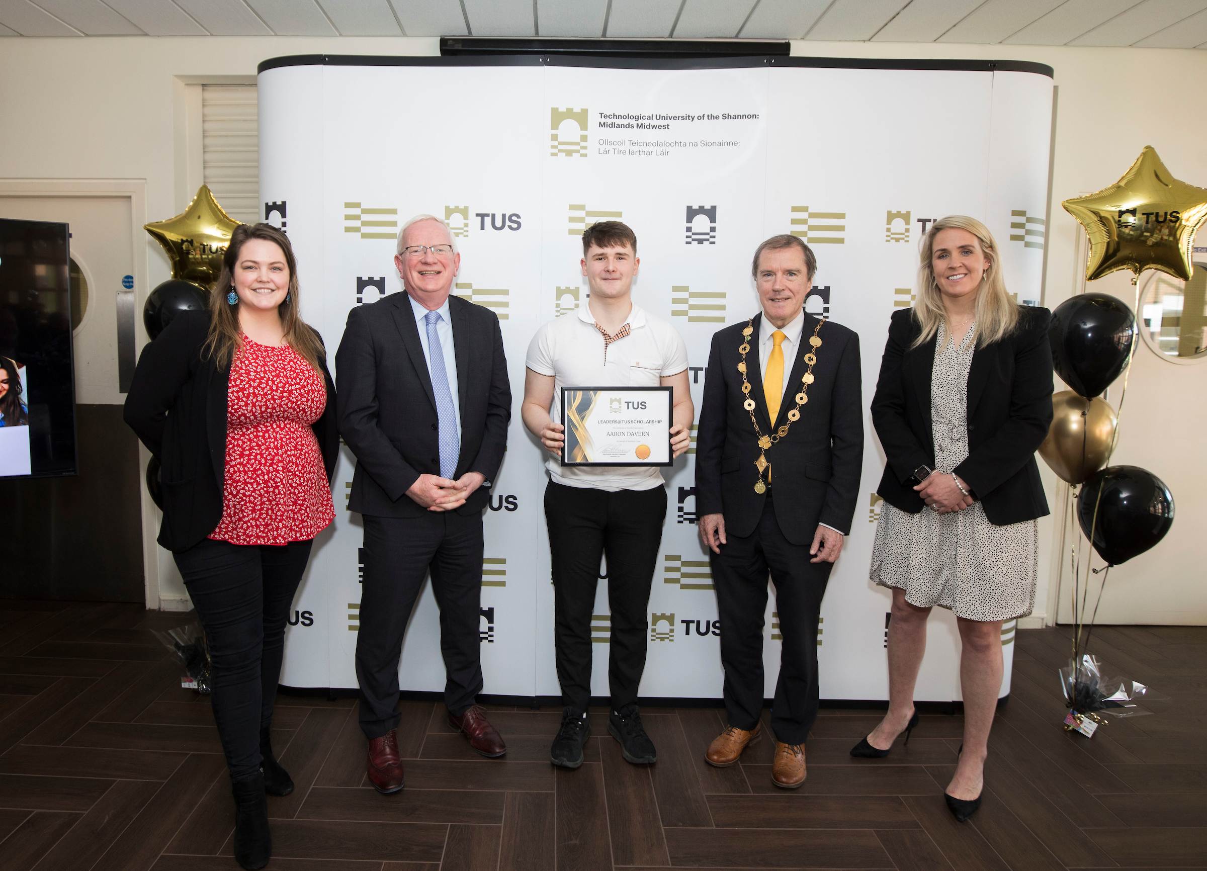 Leaders@TUS Scholarship Ceremony 2024, Moylish Campus. Pictured is Leaders@TUS Scholarship recipient, Aaron Davern, Business Studies, Social Pol Kilfinane with Sponsor Dubheasa Forde, Northern Trust, Professor Vincent Culhane, President TUS, Mayor of the City and County of Limerick, Cllr Gerald Mitchell and Guest Speaker, Joy Neville, Head Coach of World Rugby Elite Female Referees. Picture: Alan Place