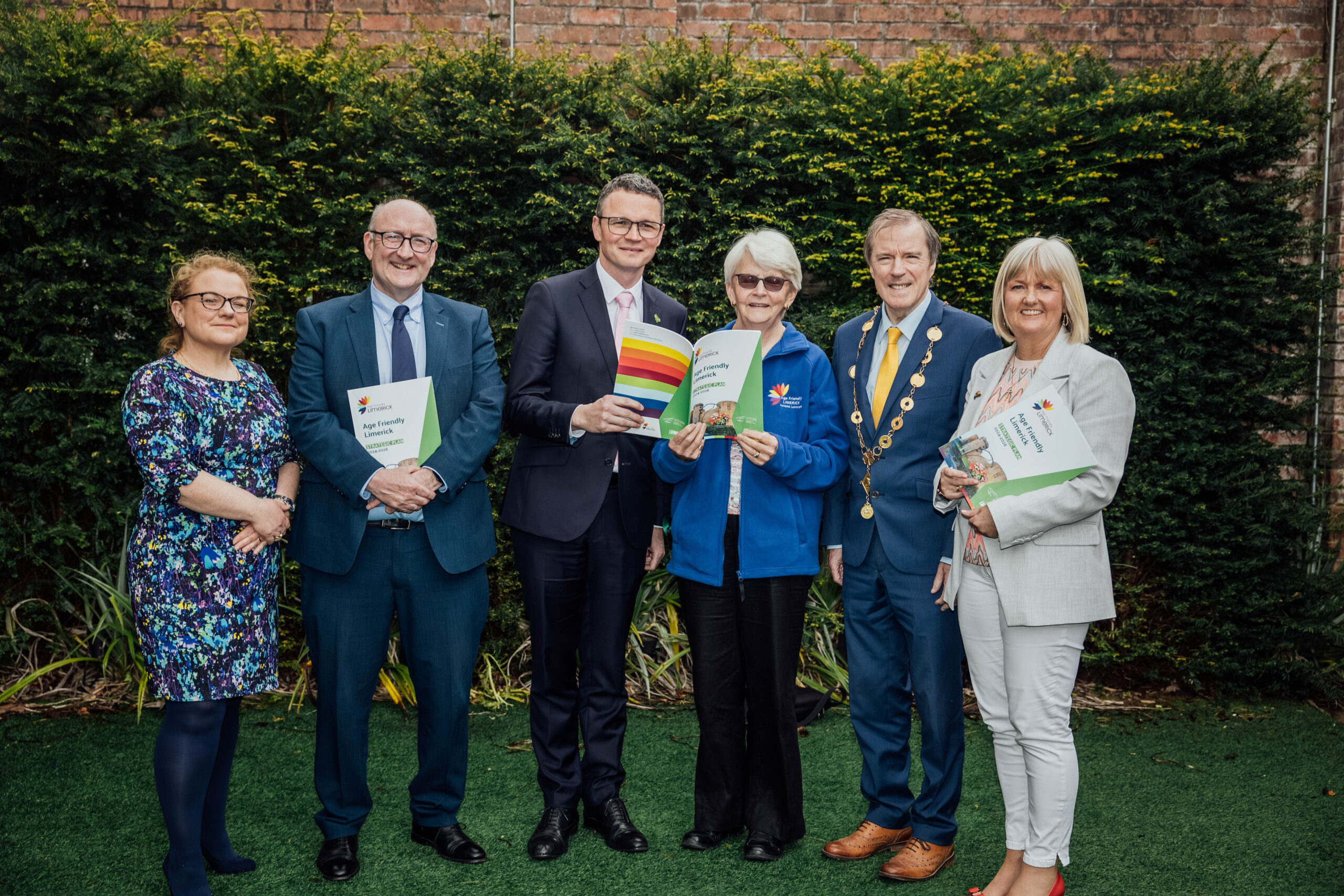 Age Friendly Limerick Strategic Plan 2024 – 2028 - Ciara Farrell, Regional West Manager, Age Friendly Ireland, Dr Pat Daly - Chief Executive Limerick City & County Council, Minister Patrick O’Donovan, Minister for Further and Higher Education, Research, Innovation and Science, Elizabeth Stanley, Older Persons Executive Chairperson, Cllr. Gerald Mitchell, Mayor of the City and County of Limerick AND Catherine Bowes Kelly, Age Friendly Programme Manager (LCCC) Pic. Brian Arthur