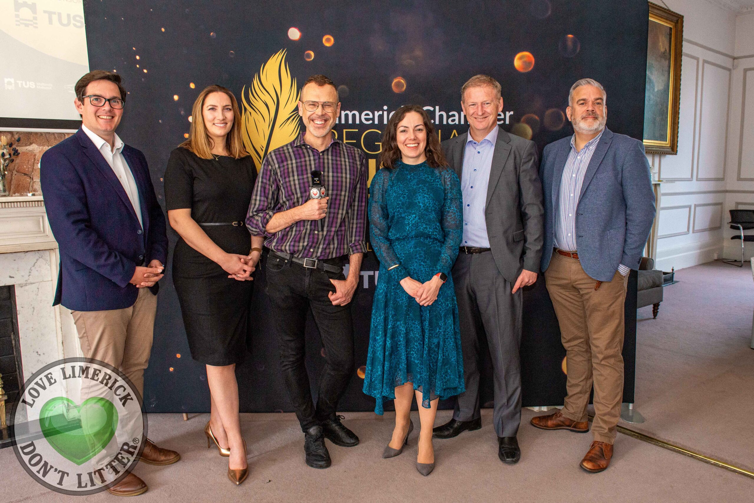 Limerick Chamber 2024 Regional Business Awards launch - Pictured are Michael Mac Curtain, Limerick Chamber Skillnet, Maria Gleeson, Gillian Barry, TUS/ Sponsor, Richard Lynch, I Love Limerick, Maria Gleeson, Board of Directors Limerick Chamber and CEO Soultribe, Damien Garrihy, AIB/Sponsor, and Noel Gavin, President Limerick Chamber. Picture: Olena Oleksienko/ilovelimerick