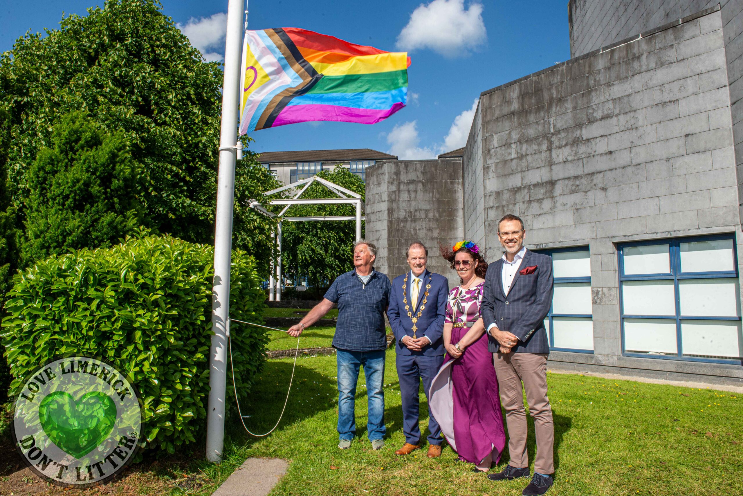 2024 Limerick Pride flag raised at Limerick City and County Council HQ in honour of Pride. PIctured are Jim Lawless, Mayor Gerard Mitchell, Lisa Daly, Festival Director Limerick Pride and Richard Lynch. Picture: Olena Oleksienko/ilovelimerick
