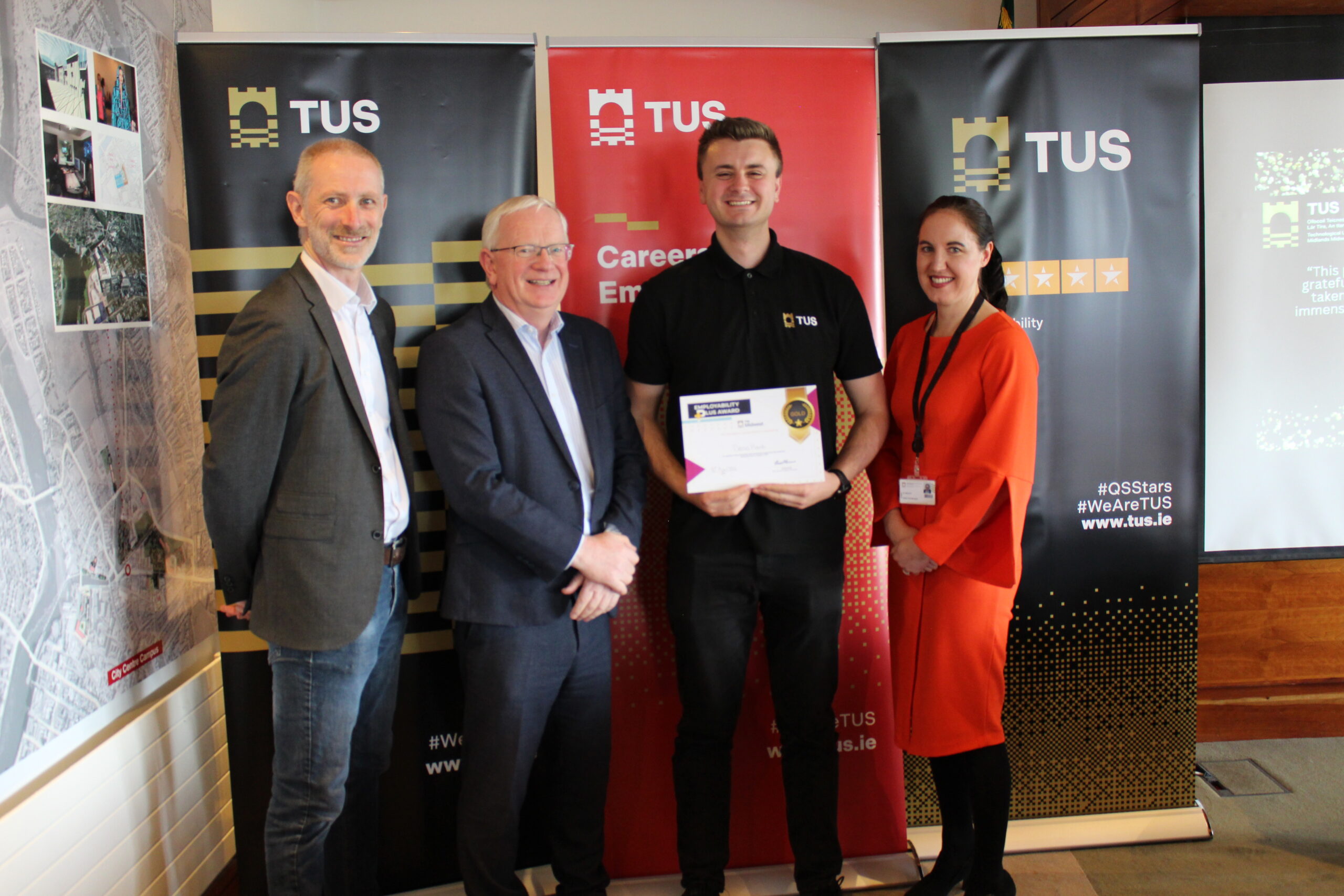 TUS Employability Plus Award - Dean Flexible and Work Based Learning Seamus Hoyne, President of TUS Professor Vincent Cunnane, Student Denis Hardi, and Careers and Employability Manager Aoife Prendergast.