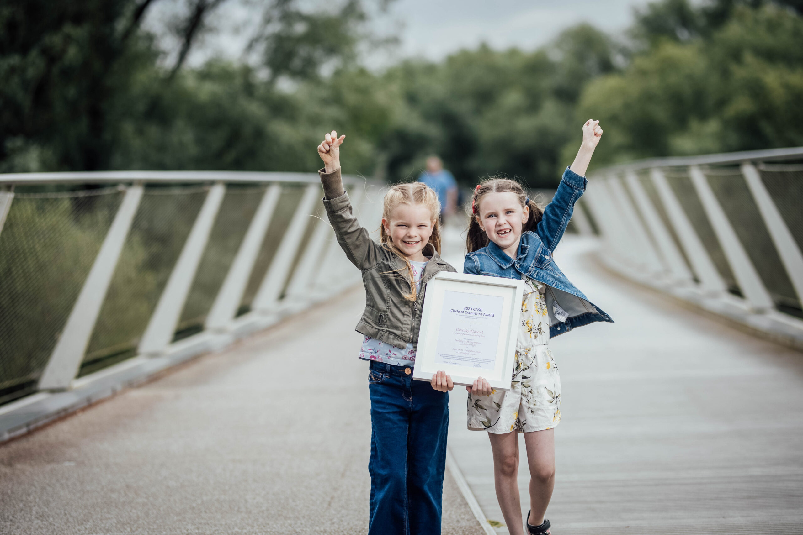 CASE Circle of Excellence Fiadh Hussey and Cara Dunne, performers from the Limerick-based Gemstars School of Performing Arts, who featured in the video, pictured celebrating with the CASE Circle of Excellence award Picture: Brian Arthur