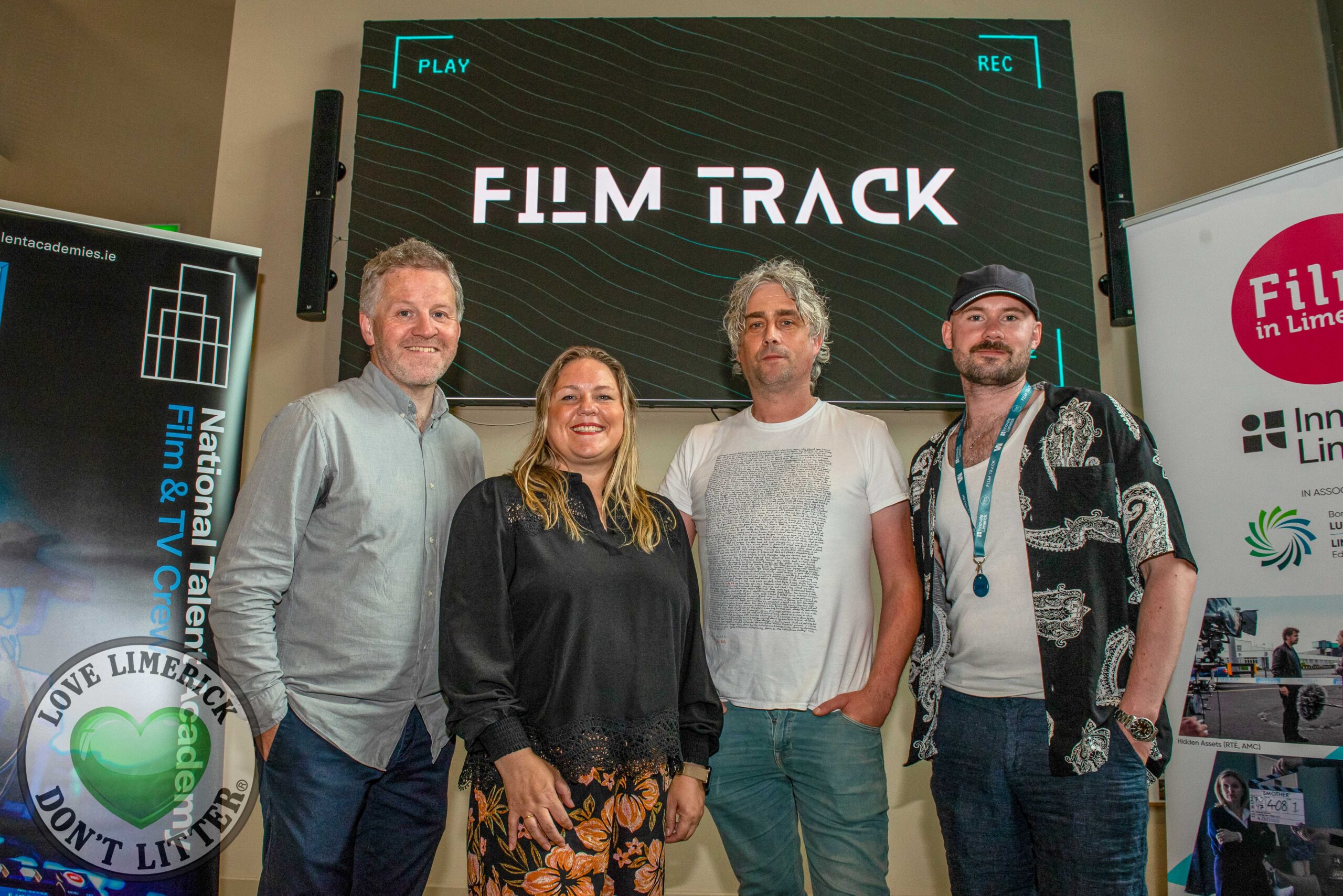 Film Track, a 3-day showcase of film screenings and talks celebrating independent filmmaking takes place in Limerick on August 23-25 , 2024 and was launched at Engine Limerick Friday, August 9, 2024. ONE Film Track is run by Film in Limerick through Innovate Limerick, with WIRED FM, and in partnership with Limerick and Clare Education and Training Board, the National talent Academies, and the Belltable, Limerick. Pictured are Paul C. Ryan, Regional Film Manager at Film in Limerick, Rachael Power, Film & TV Crew Academy Manager at Innovate Limerick, Ray Burke from WIRED FM, and writer, director and producer Conor Hooper. Picture: Olena Oleksienko/ilovelimerick