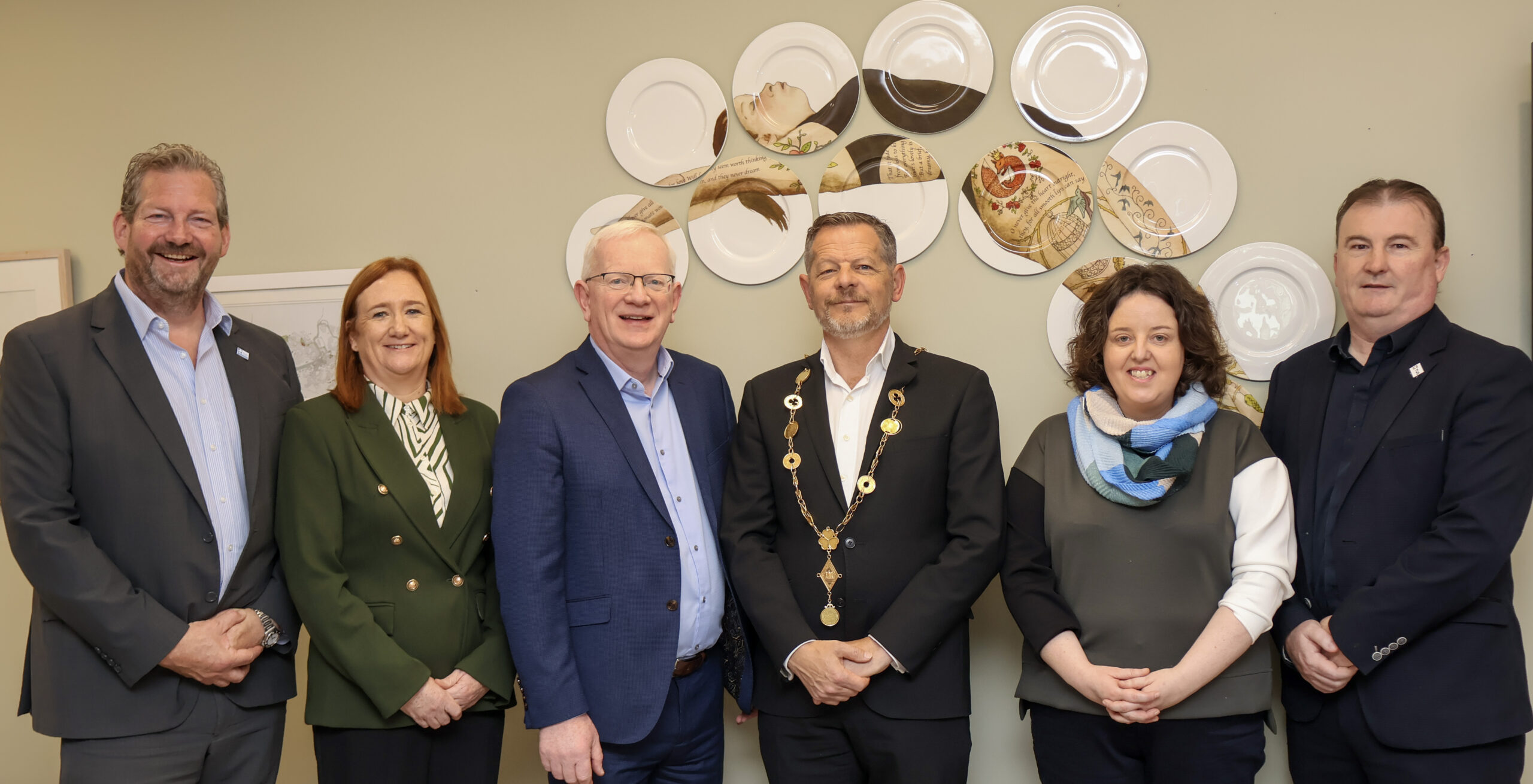 At the launch of the Immersive Research Institute at the Moylish Campus of TUS was Dr Liam Brown, Vice President Research, Development & Innovation at TUS); Dr Siobhán Moane, Project Manager of the RUN-EU project at TUS; Prof Vincent Cunnane, President of TUS; John Moran, Mayor of Limerick; Dr Lisa Moran, Dean of Graduate Studies, Head of the Graduate School, and Dr Patrick Murray, Head of Research and Technology Transfer at TUS.