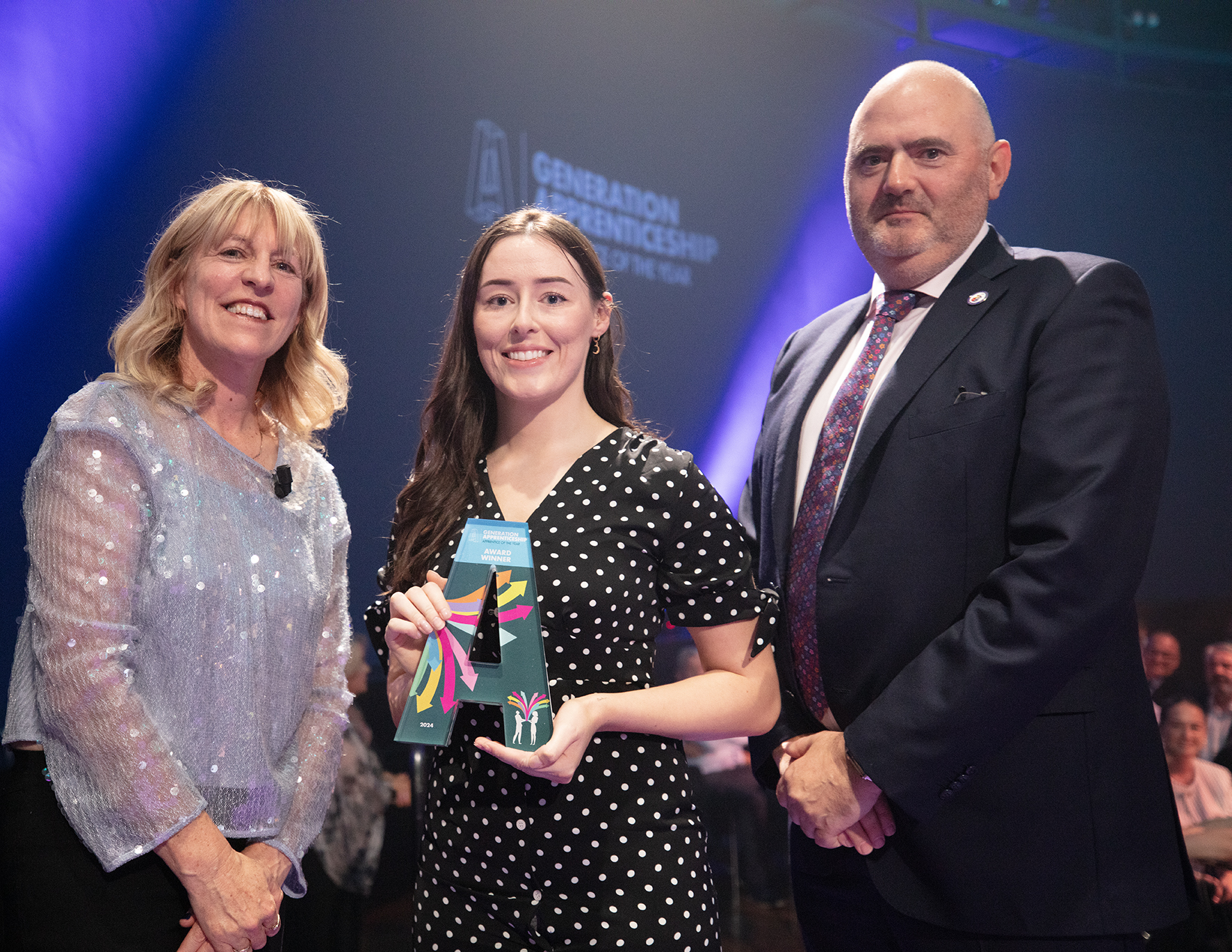 Jodie Whyte, Manufacturing Engineer, J&J pictured receiving her Apprentice of the Year award with Mary Liz Trant,Barry Comerford 2024 apprentice of the year