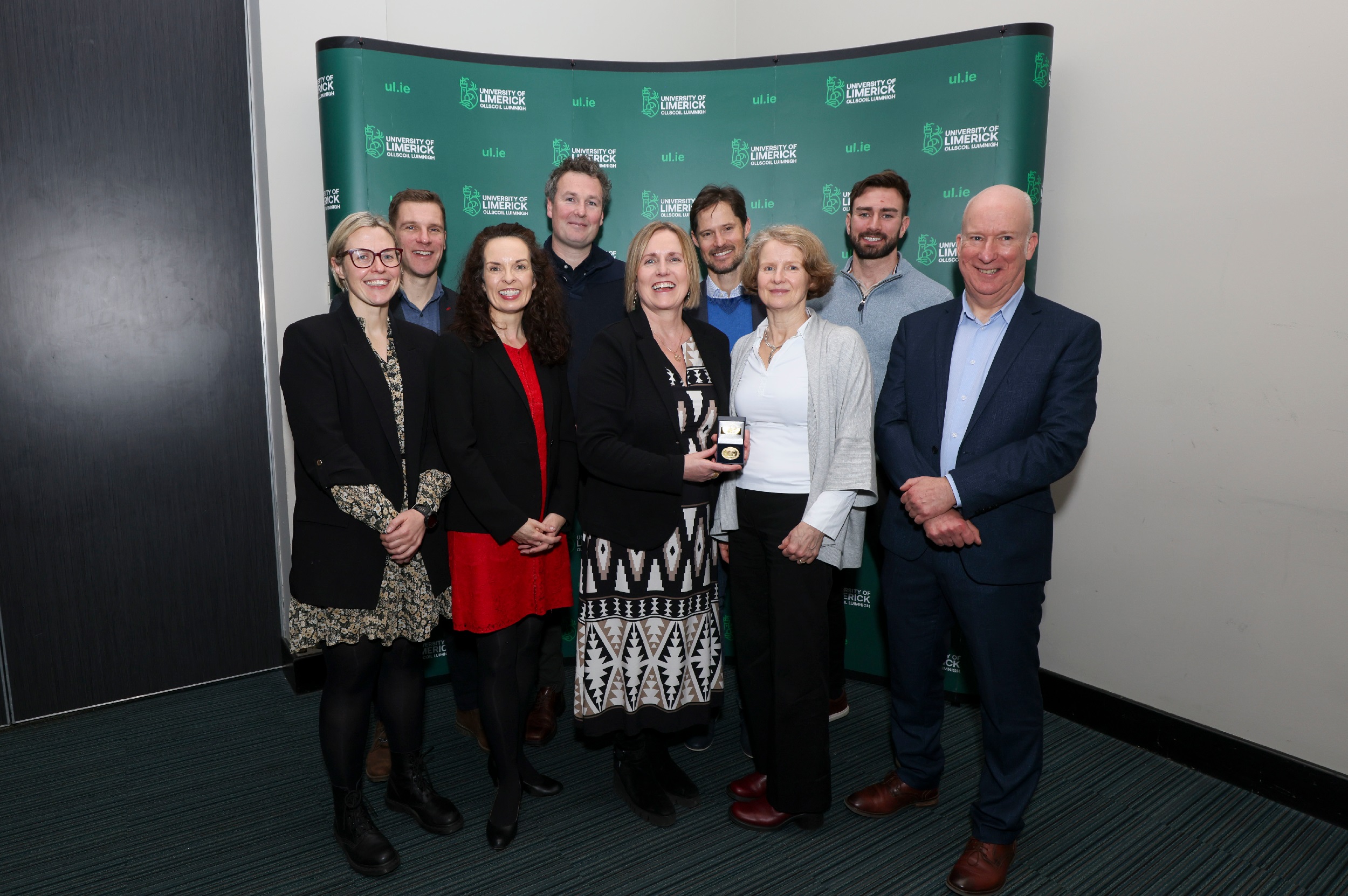 University of Limerick President's Excellence Awards - Catherine Woods, Professor of Physical Activity, and Chair of Physical Activity for Health Research Centre with the Health Research Centre Team, receiving the outstanding collaboration award from Professor Ann Ledwith, Interim Provost and Deputy President at UL Picture: Alan Place