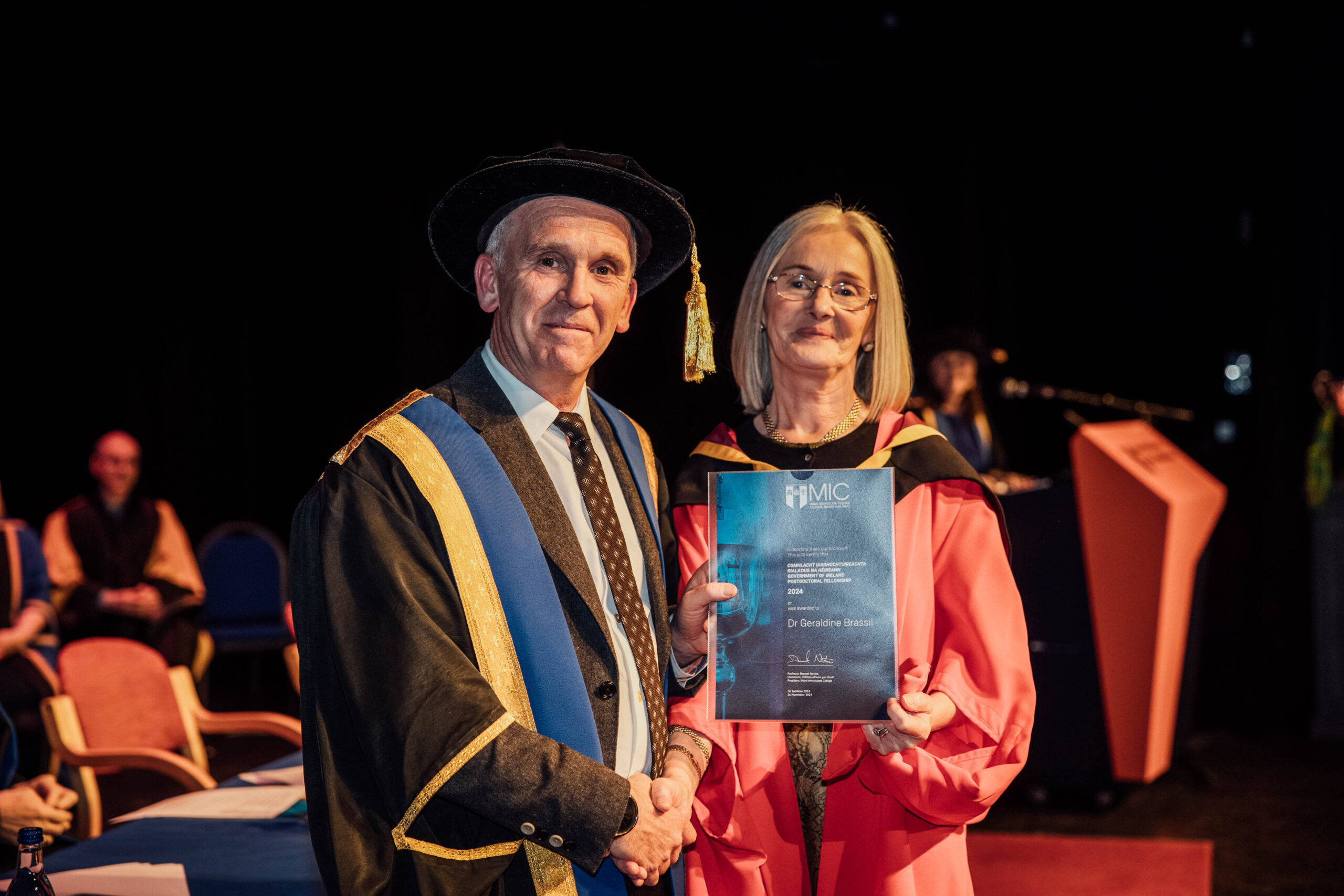 Pictured at the recent Mary Immaculate College Awards ceremony was Dr Geraldine Brassil from Ballyhea, Co. Cork, who was recently awarded a Research Ireland Government of Ireland Postdoctoral Fellowship. These competitive scholarship schemes are designed to fund excellent research across all disciplines, while recognising the world class potential of Ireland’s future research leaders. Geraldine is pictured here with Professor Dermot Nestor, President of MIC. The annual MIC College Awards Ceremony, held in the Lime Tree Theatre, saw almost 100 students and alumni from MIC being recognised for their academic and other notable achievements with just under €500,000 presented on the night in scholarships, awards and bursaries. Pic: Brian Arthur