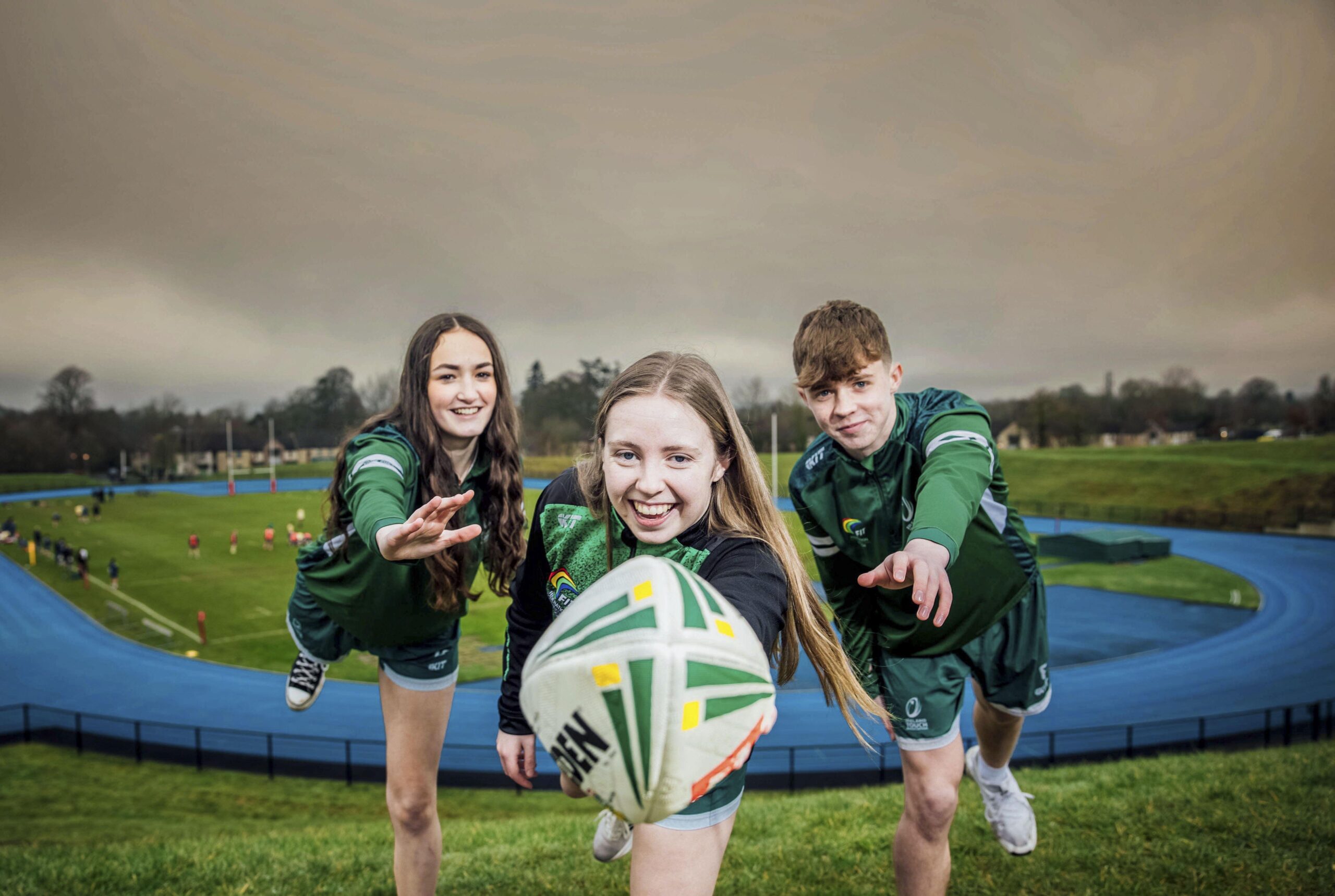 No Repro Fee Players Keeva Mooney, Kildare, Charlotte Nagle, Wicklow and Noah O'Neill, Wicklow with Mayor of Limerick John Moran at University of Limerick as the countdown to the 2025 Atlantic Youth Touch Cup has begun. University of Limerick is getting ready to host the largest International Touch Rugby Tournament ever held in Ireland from July 31 to August 3. 700 Athletes from Europe, the Americas, Africa and China are expected to participate. Pic. Brian Arthur