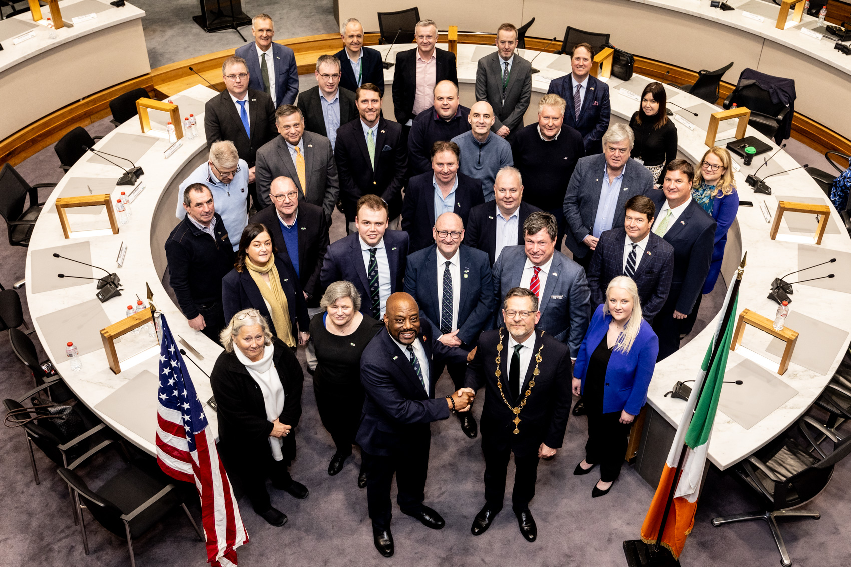 Limerick City and County Council Friendship Agreement Unites Limerick and Savannah, Georgia, USA in a Cultural and Economic Partnership a signing ceremony took place during a special meeting of Limerick City and County Council in the Council Chamber in Dooradoyle. Mayor of Limerick, John Moran, Príomh Comhairleoir, Cllr Dan McSweeney and the Director General of Limerick City and County Council (LCCC), Dr Pat Daly welcomed a delegation from Savannah led by Mayor of the City of Savannah, Van R. Johnson II. Picture: Keith Wiseman