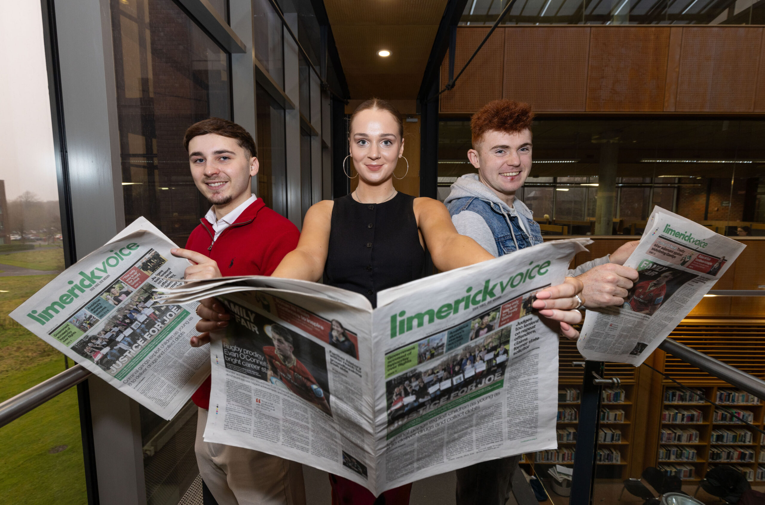 The 18th edition of the award-winning 2025 Limerick Voice newspaper produced by University of Limerick Journalism students hits the streets of Limerick today, Wednesday February 19, 2025, with over 50 stories covering news, sport and features. Pictured at the launch event for the Limerick Voice were, Darragh Moloney, Sports Reporter, Ailish Armstrong, Chief Features Writer and Liam White, Sports Reporter. Photo by Alan Place.