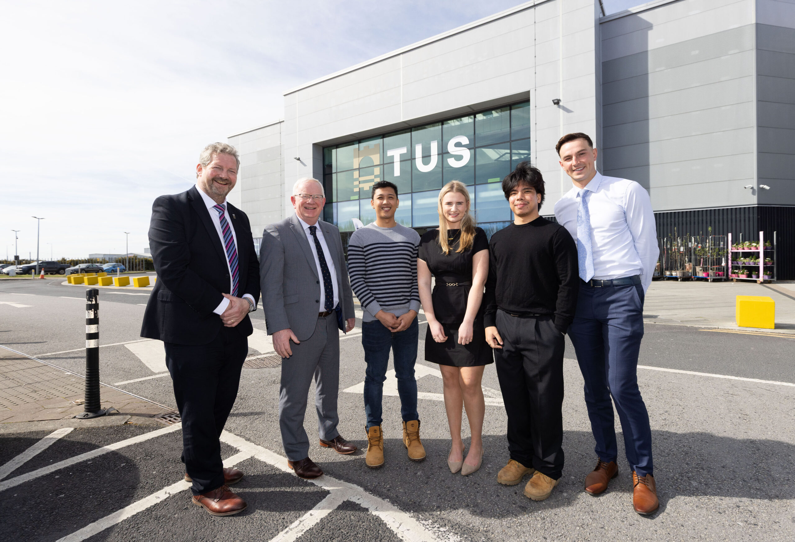 Attending the TUS Community and Industry Scholarship Awards were, Dr Liam Brown, Vice President Research, Development & Innovation TUS, Professor Vincent Cunnane, President TUS scholarship recipients, John Cusipag, Coleen Tobin and John Paz with TUS Graduate and All Ireland Winner 2024 Clare Hurler Peter Duggan. Photo by Alan Place.
