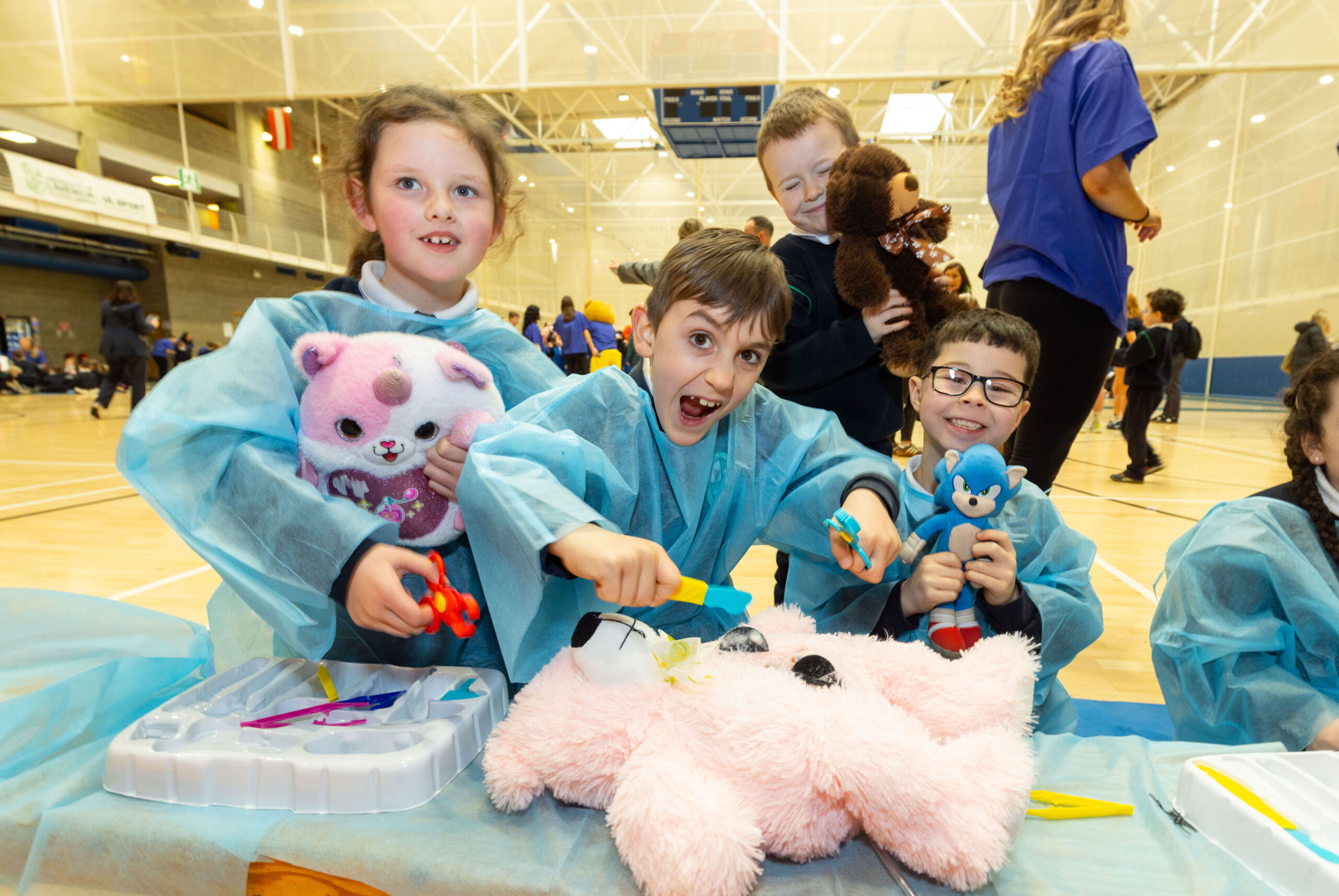 A host of much-loved teddy bears got stitched up and received some tender medical care at University of LimerickÕs Teddy Bear Hospital. Almost 900 children from across Limerick, Clare and Tipperary brought their favourite teddies for a check-up at ULÕs annual Teddy Bear Hospital. Organised by students of ULÕs School of Medicine, the Teddy Bear Hospital offers children typically aged between four and six the chance to engage with medical students in a fun setting aimed at alleviating childhood anxiety about medical environments. Taking part in the University of Limericks, Teddy Bears Hospital were, Gaelscoil Castletroy, Limerick pupils, Sadhbh, Sean, Jack and Tom getting stuck into surgery. Photo by Alan Place.