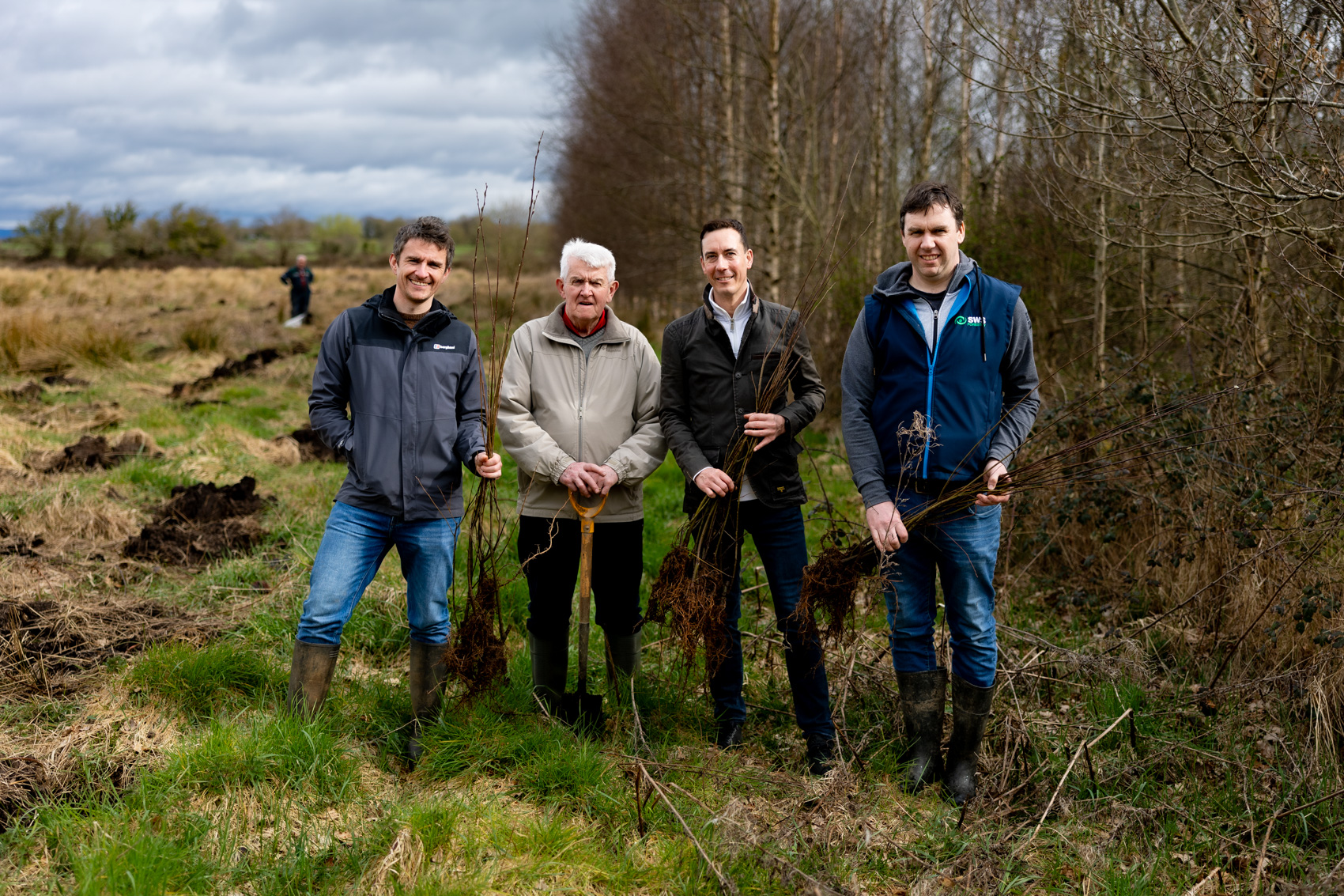 27-03-2025 LEDP Crecora, Co Limerick, Planting Native Irish woodland trees in County Limerick this month to celebrate National Tree Week a week-long programme with the theme ‘biodiversity begins with trees. 27-03-2025 Vincent Twomey Jnr and Snr, landowners in Crecora, Niall O'Callaghan, CEO of LEDP, and Maurice Stack of SWS Forestry. Pictured at the planting of native Irish trees initiated by LEDP. Picture: Keith Wiseman