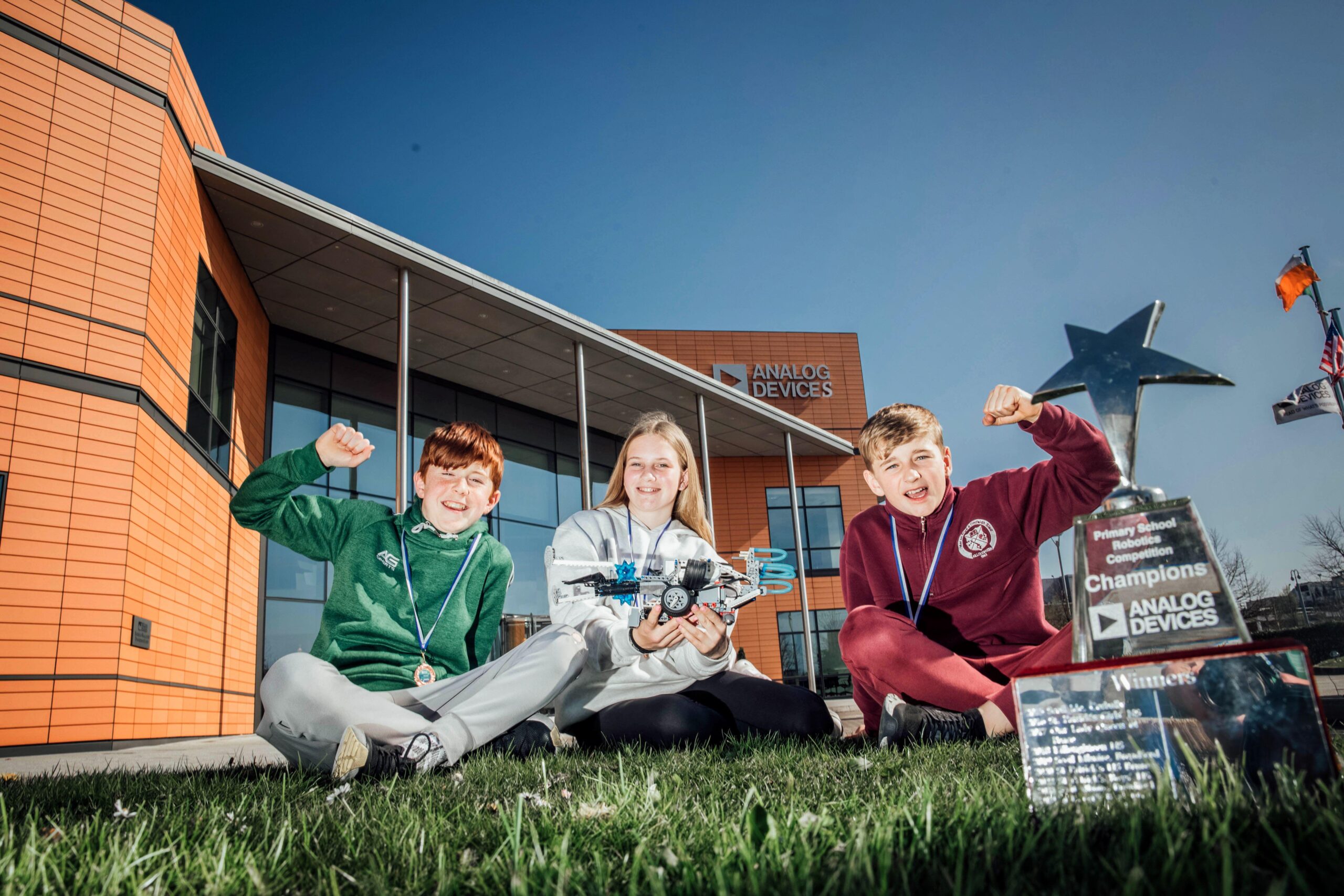 No Repro Fee Over 100 primary school students went to battle with their custom-designed sumo wrestling robots at the 10th annual Analog Devices Primary Schools Robotics The overall winners from this STEM-inspired challenge held at the Analog Devices Campus in Raheen, Limerick, were Liam Collins, Freya Smith and Oisin O'Connnor students from Killoughteen National School ,Newcasttle West, Limerick , who secured the title of the 2025 Analog Devices Primary School Robotics Champions. Pic. Brian Arthur