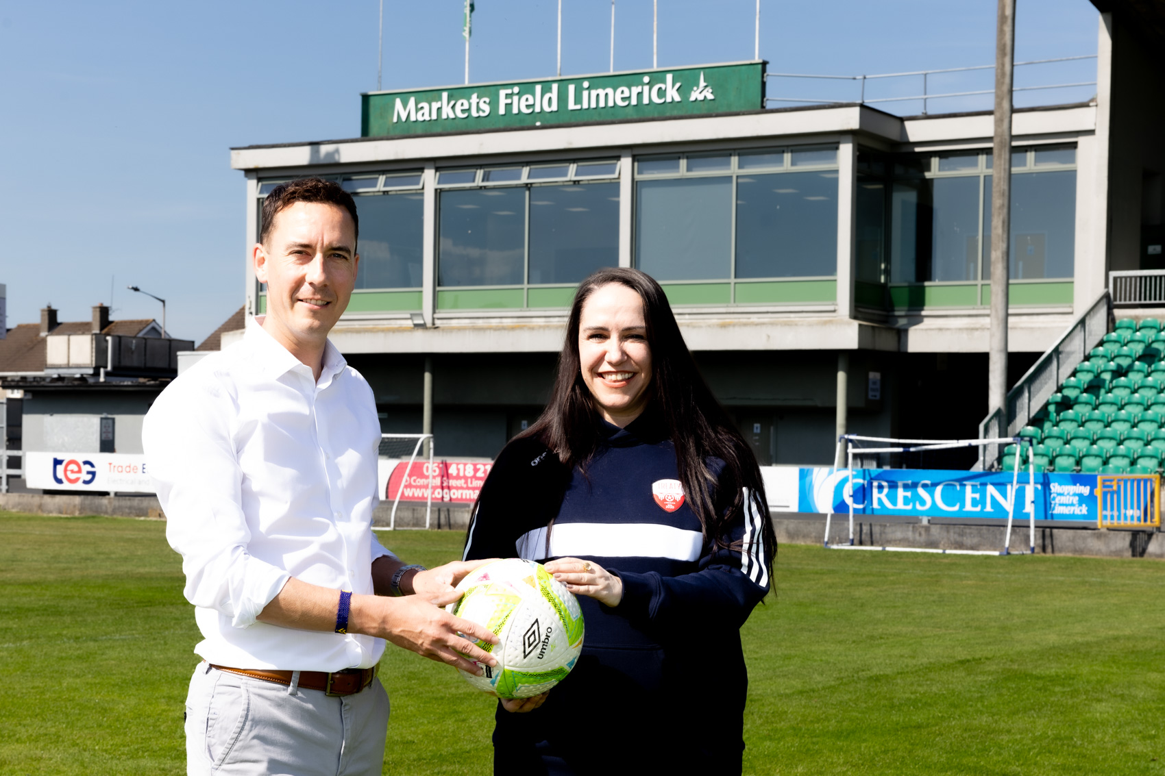 LEDP Markets Field, Niall O'Callaghan, LEDP and Treaty United Football Club owner Ciara McCormack. Picture: Keith Wiseman