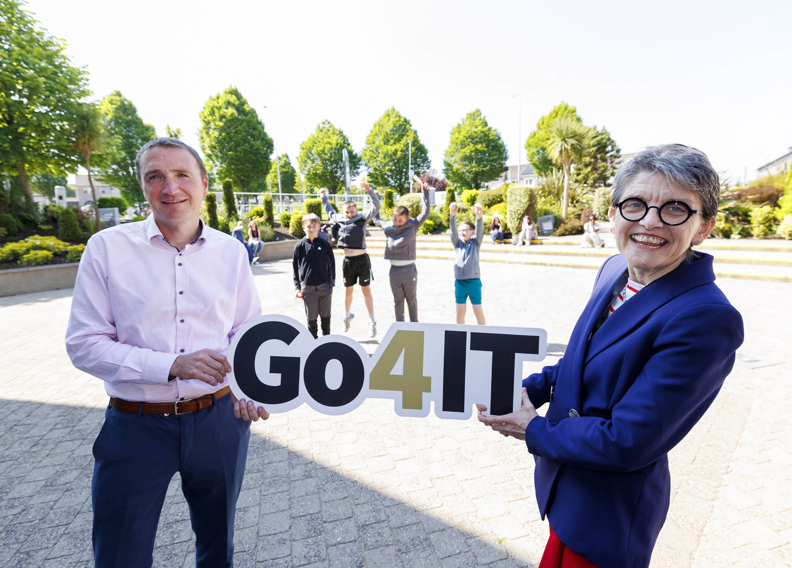 TUS Go4IT awards. Pictured are Tiernan O'Neill Principal Corpus Christi Primary School and Frances O'Connell, Vice President Student Education and Experience, TUS with celebrating students. Pic Arthur Ellis