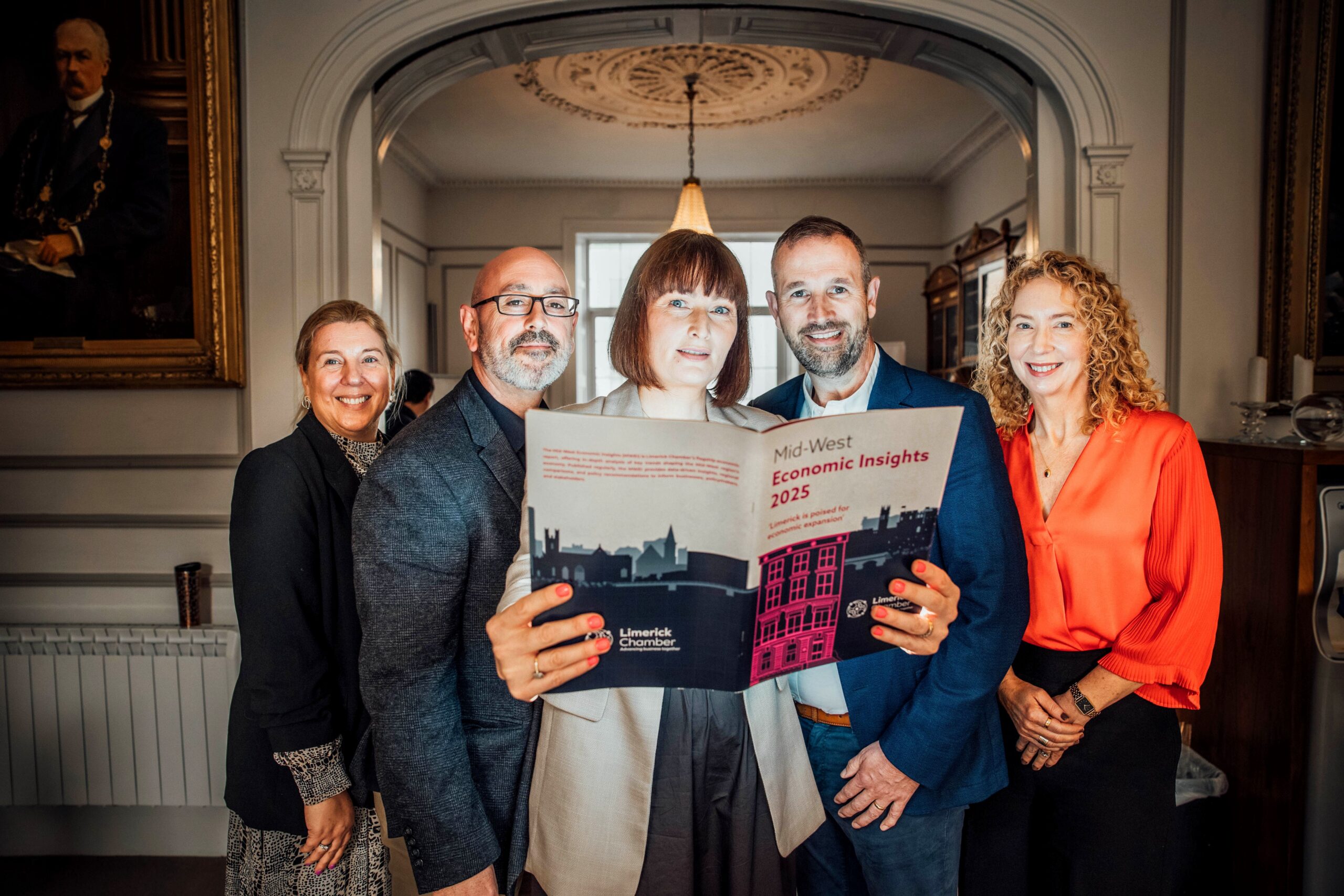 Limerick Chamber Mid-West Economic Insights Report Jackie O'Dowd, IDA, (Regional Manager MidWest) Andrew Clohessy, CEO, DSM, Michelle Gallagher, CEO, Limerick Chamber, Tom O'Connor, Co-founder Conack Construction & Director of Limerick Chamber , Mairead Connolly, Tax Partner, PWC & President, Limerick Chamber pictured today at the launch of the 2025 Mid-West Economic Insights (MWEI) report on April 28th. The latest edition of the MWEI, compiled by Limerick Chamber’s in-house policy unit, offers a robust, data-driven snapshot of the region’s performance across housing, employment, education, transport, and logistics. Pic. Brian Arthur