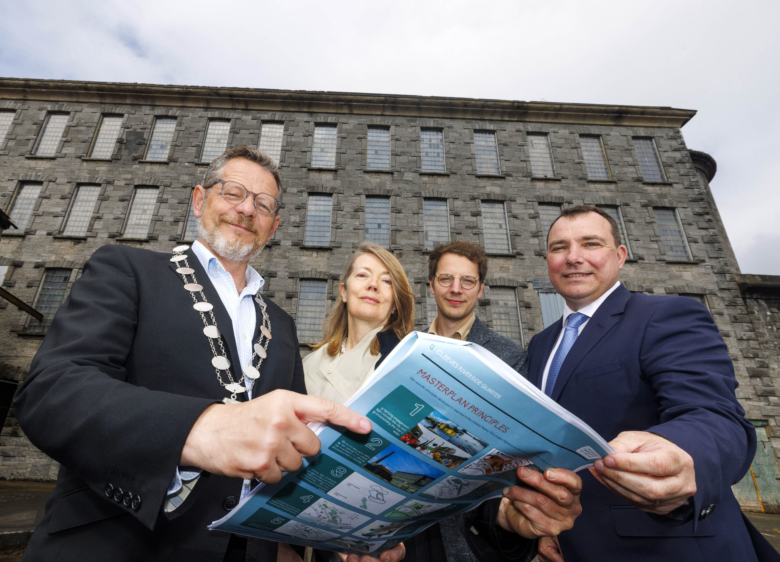 Exciting plans for first phase of Cleeves Riverside Quarter unveiled at public consultation Plans for the first phase of the much-anticipated regeneration of the transformational 4.3hectare Cleeves Riverside Quarter site Limerick city centre site have been unveiled to the public. The Cleeves Riverside Quarter (CRQ) first phase ‘Residential and Public Realm Project’ development is on track for plans to be submitted for planning in September of this year. This first phase amounts to the largest city centre residential planning application for some time in Limerick and, together with two subsequent phases, will see the development of one of the most important investments for Limerick in the first half of the 21st century. Pictured L-R Mayor of Limerick John Moran, Karen McEvoy, Founding Director, Bucholz McEvoy Architects, George Wilson, Partner at Feilden Clegg Bradley Studios and James Collins, Interim Chair of Limerick Twenty Thirty. Pic Arthur Ellis