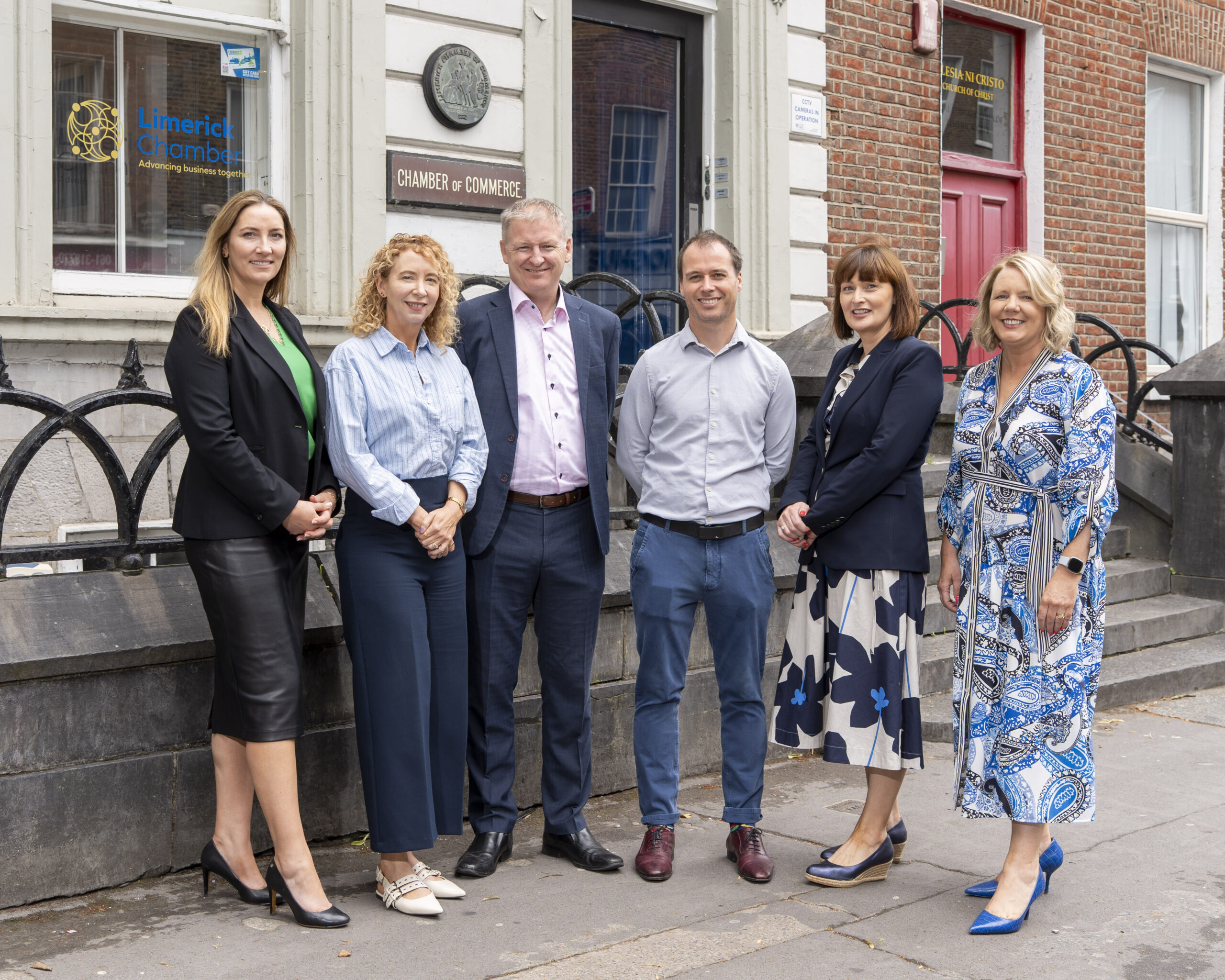 Dr Gillian Barry, TUS, Mairead Connolly, Limerick Chamber President, Damien Garrihy, AIB, Redmond McDonnell, Designpro Automation, Michelle Gallagher, CEO Limerick Chamber and Lavinia Duggan Ryan, Award Committee Chair pictured at the launch of Limerick Chamber Awards 2025. Picture: Don Moloney