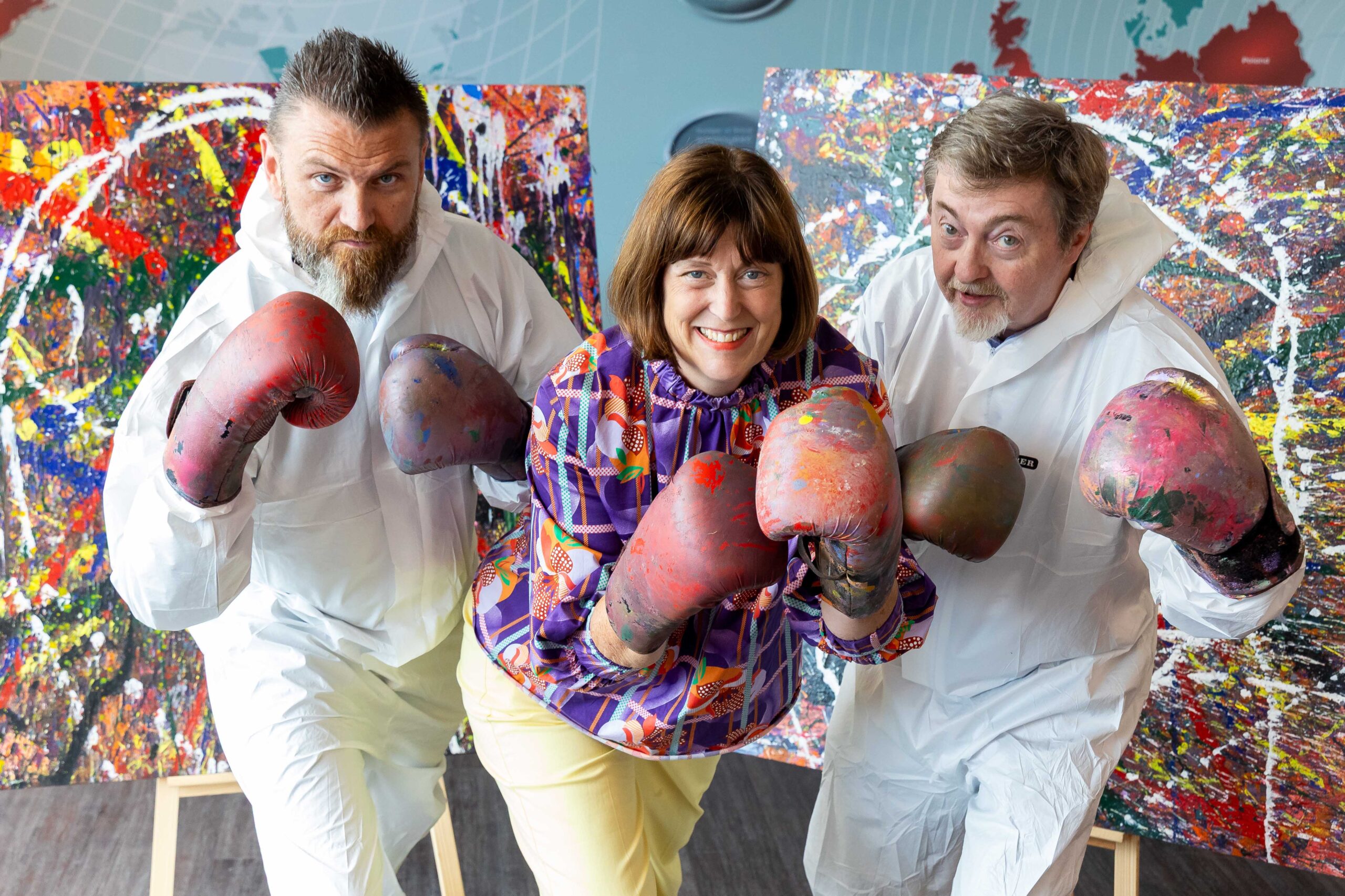 Rob Parkes, Donor; Deirdre Mortell, CEO Rethink Ireland, and Padhraic Hastings, Chair, The Gaff, pictured at EI Electronics Campus, Shannon, as Rethink Ireland announces the nine awardees of its €672,000 Impact Fund for Munster 2024. Among them is Limerick Theatre & Performance Hub aka The GAFF’s Paint Punch Munster — a creative project using boxing-themed painting workshops to support young Traveller men’s mental health and cultural expression. Learn more at rethinkireland.ie. Picture: Michael O'Sullivan / OSM PHOTO