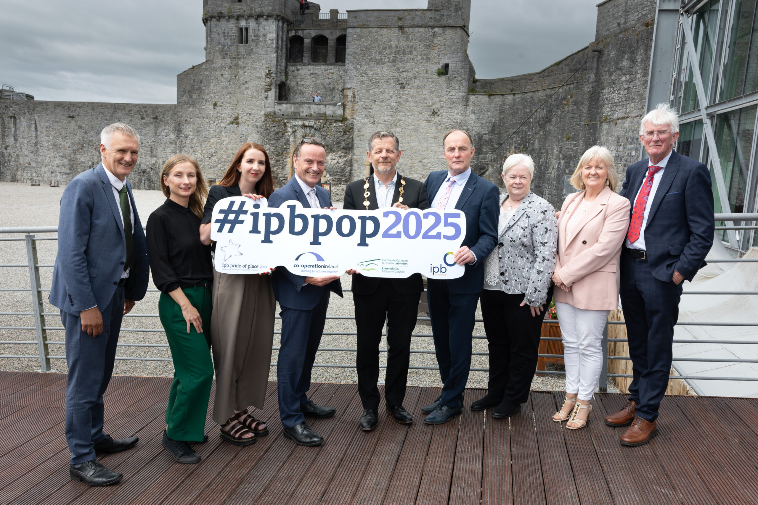 IPB Pride of Place 2025 in association with Co-Operation Ireland launch event in King John's Castle, Limerick with Mayor of Limerick, John Moran, Joe Delaney, Deputy Director General, Limerick City and County Council (LCCC), Anne Rizzo, Senior Executive Officer, (LCCC), Catherine Bowes-Kelly, Age Friendly Programme Manager, (LCCC), Joanna O'Donoghue, (LCCC), John Hogan, Chair, IPB Insurance, Ian Jeffers, Chief Executive, Co-operation Ireland, Hazel Scott, Project Manager for Pride of Place, Co-operation Ireland and Tom Dowling, Chairperson of Pride of Place. Picture: Keith Wiseman