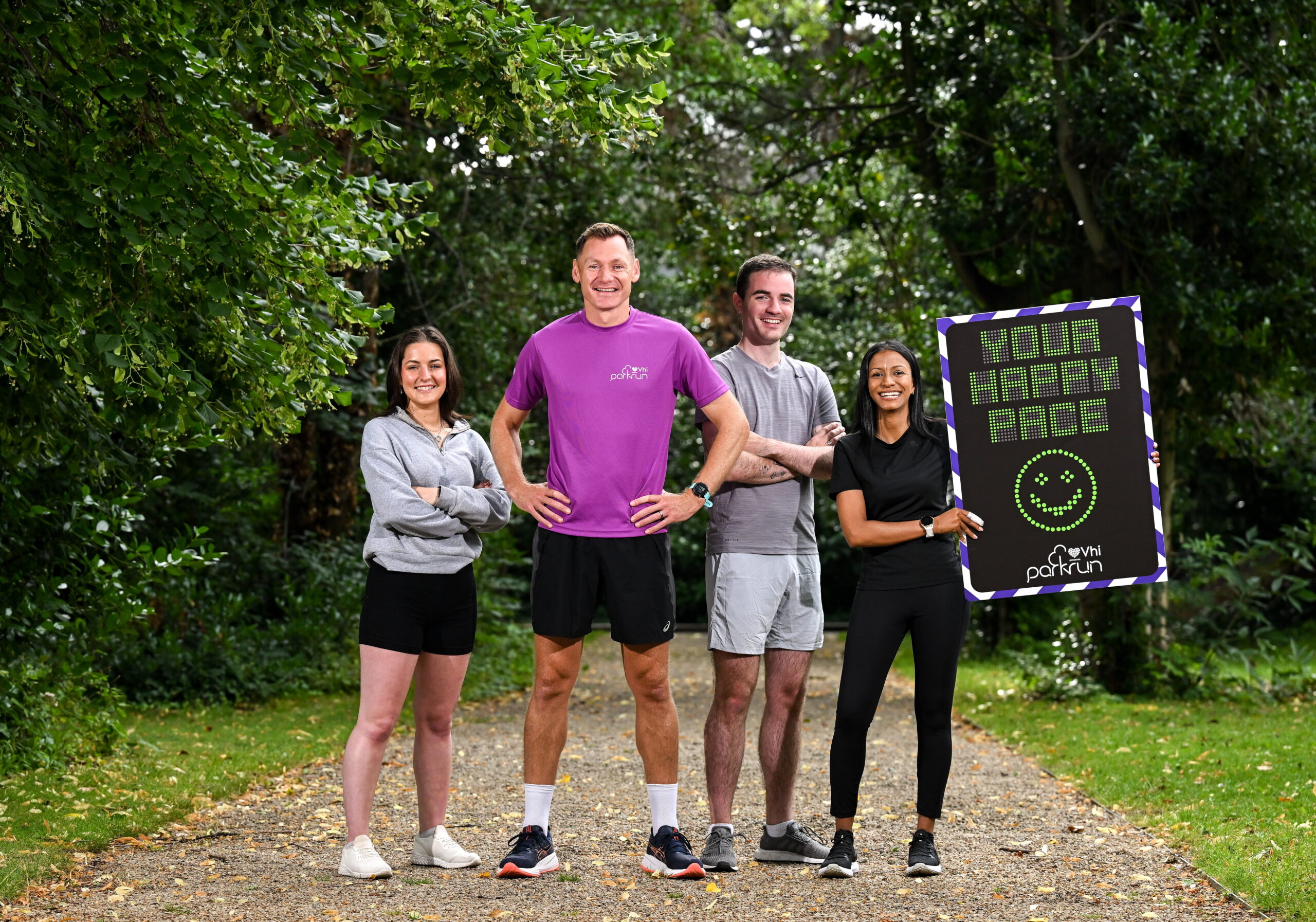 Olympian David Gillick and Vhi parkrunners, from left, Hannah Balda, Sam Horgan and Lynn Wilson are inviting those new to parkrun to apply for a free six-week couch to parkrun programme this September. The programme will include weekly in-person training and support in Dublin, Cork, Galway, Limerick, Kilkenny and Donegal. Register your interest now at yourhappypace.ie Photo by David Fitzgerald/Sportsfile