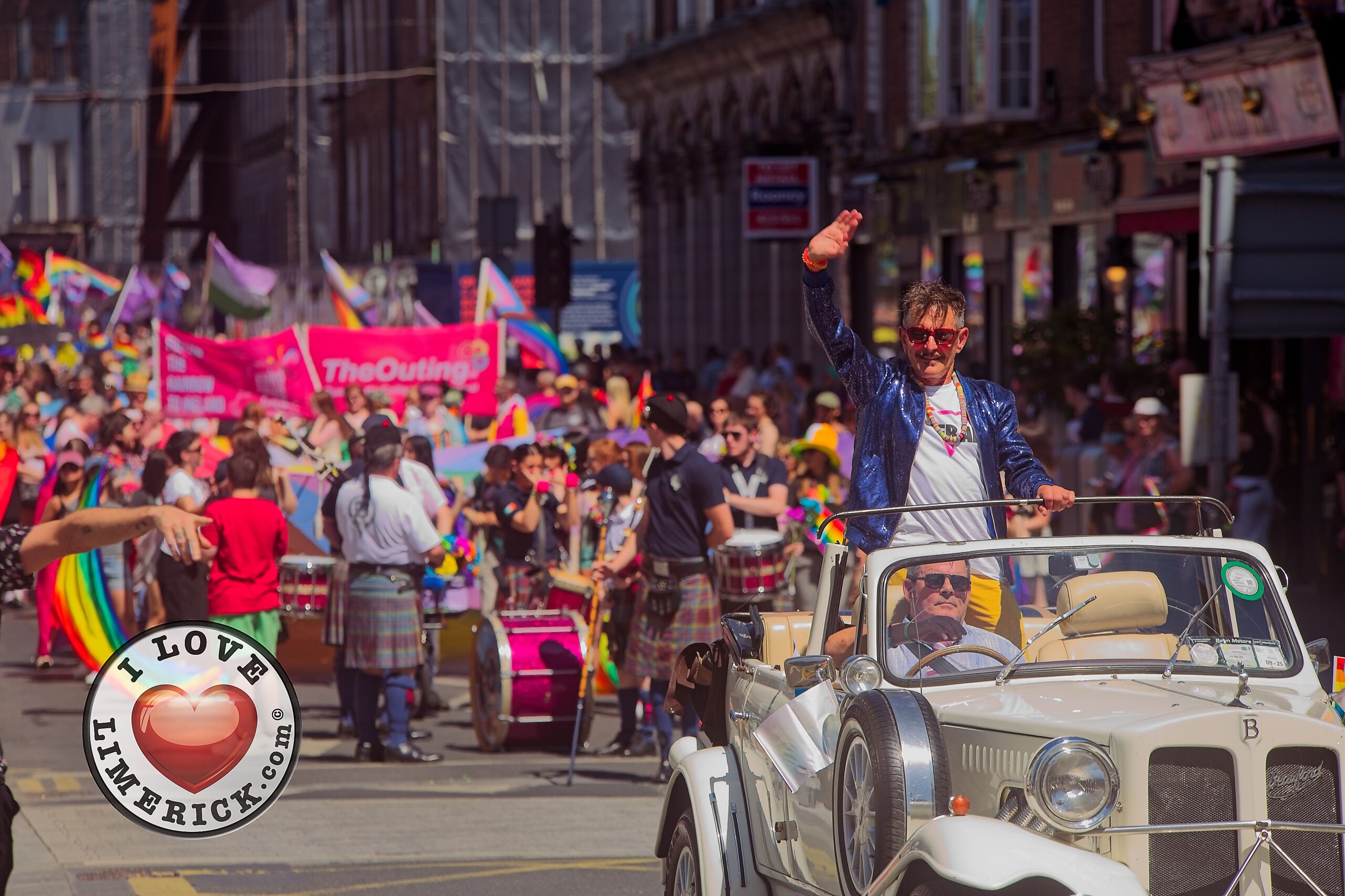 Limerick Pride Grand Marshal, Tony Walsh, leads the 2025 Limerick Pride Parade through a sun-soaked Limerick City on Saturday, July 12, 2025 under the theme; "We're All in This Together." Photo: Cian Reinhardt/ilovelimerick