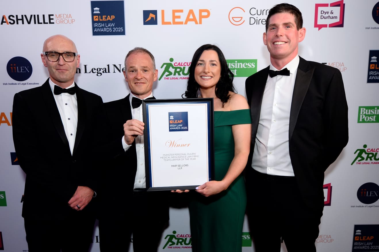 MHP Sellors LLP win Munster Personal Injury Medical Negligence Law Firm of the Year 2025 at the Irish Law Awards. R to L Stephen Keogh Managing Partner Ronan Hynes Partner Dervla Beirne Solicitor Derek Walsh Partn
