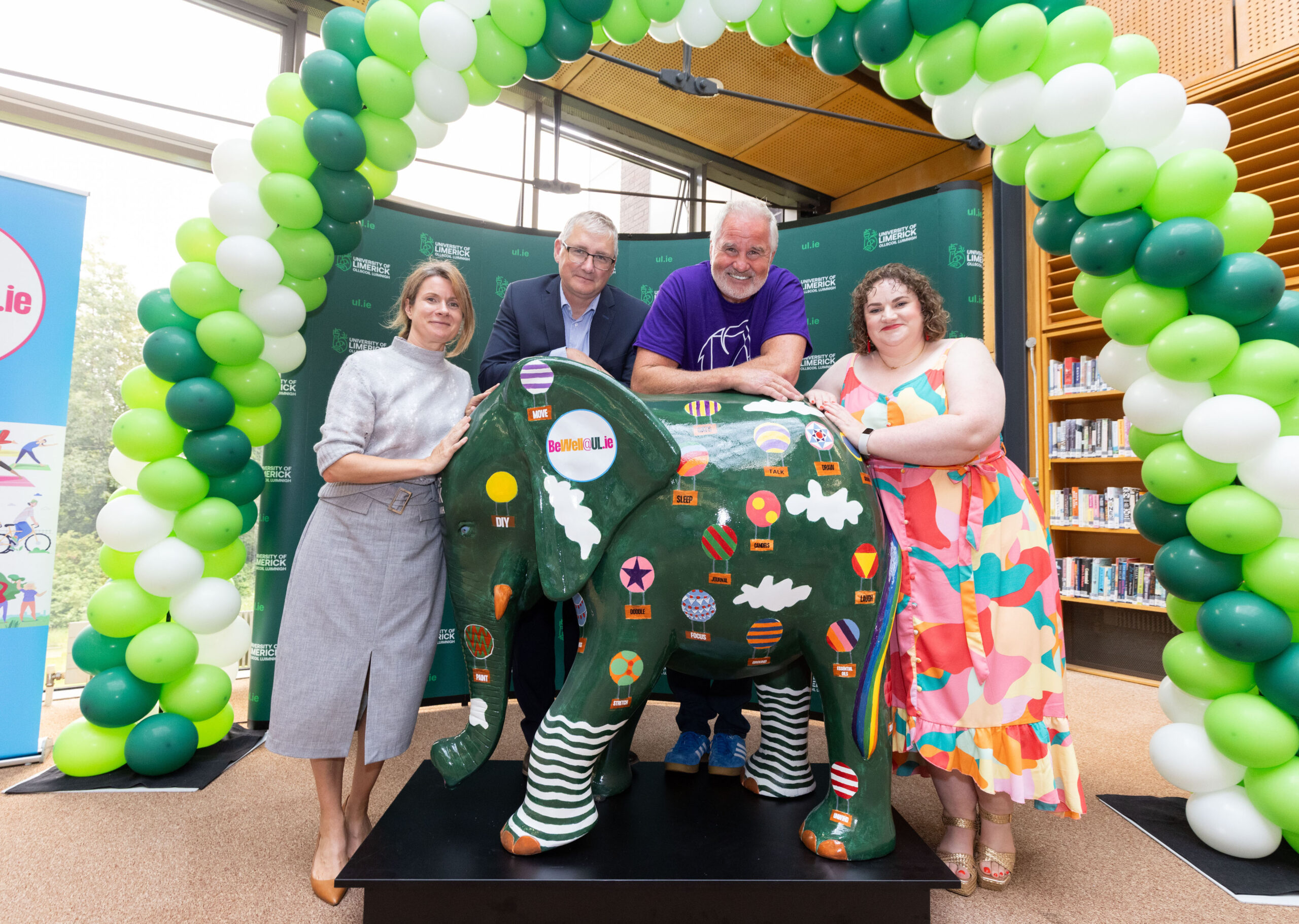 19.08.25 “Everybody has an Elephant lets start sharing those Elephants” Pictured at the launch of the Elephant in the Room initiative, donated by Cornmarket to the University of Limerick through the UL HR Department’s BeWell@ul.ie campiagn were, Clodagh Ruddy, Director of Partnerships, Cornmarket, Professor Shane Kilcommins, Acting President UL, Brent Pope, Elephant in the Room and Luan Lyons, UL. Picture: Alan Place