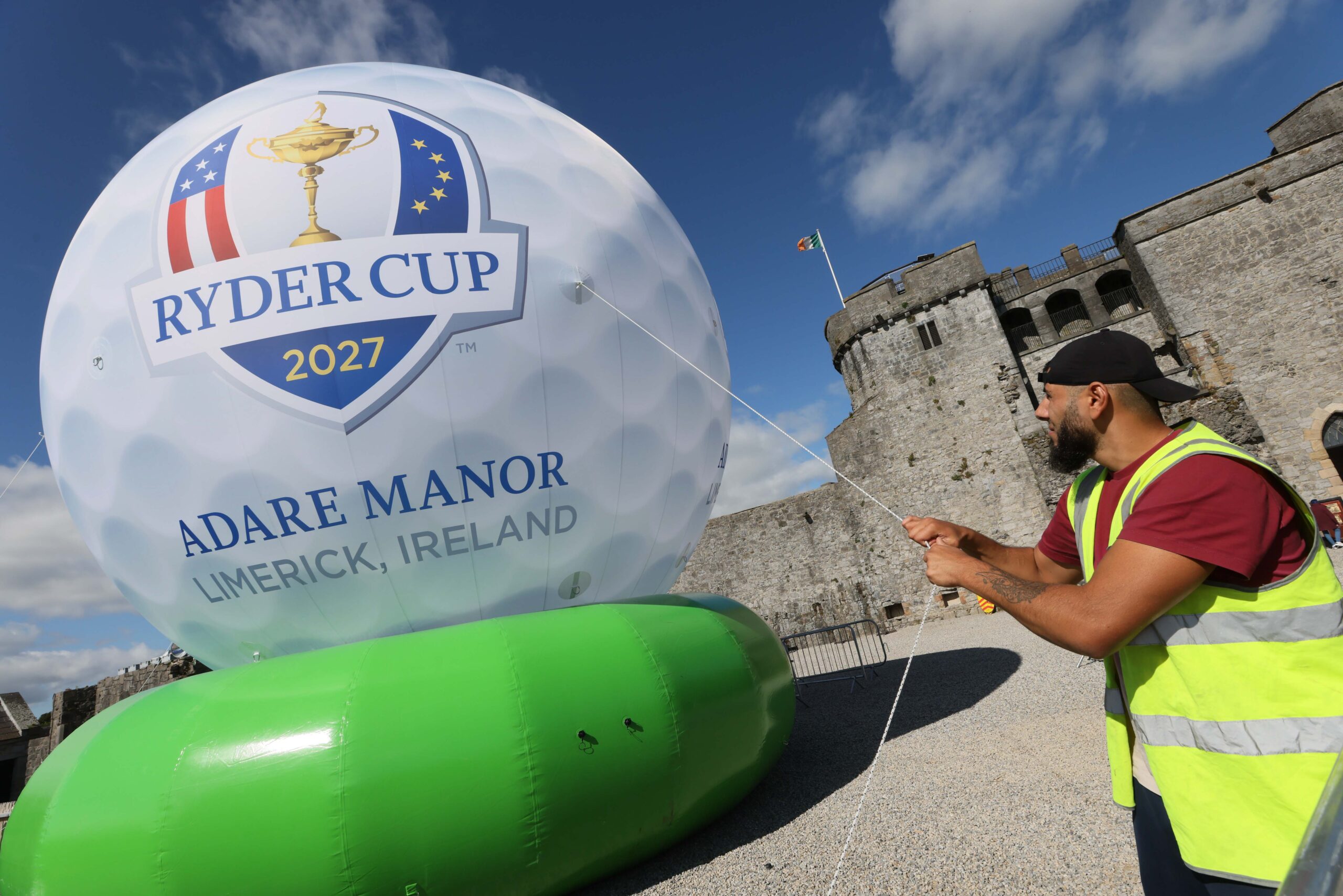 Limerick City and County Council is delighted to announce a series of eye-catching public installations and activations to mark the 2025 Ryder Cup at Bethpage Black and the ceremonial handover of the putter from New York to Adare, host of the 2027 Ryder Cup. Pictured is the giant golf ball being installed at King John's Castle. Photograph by Eamon Ward