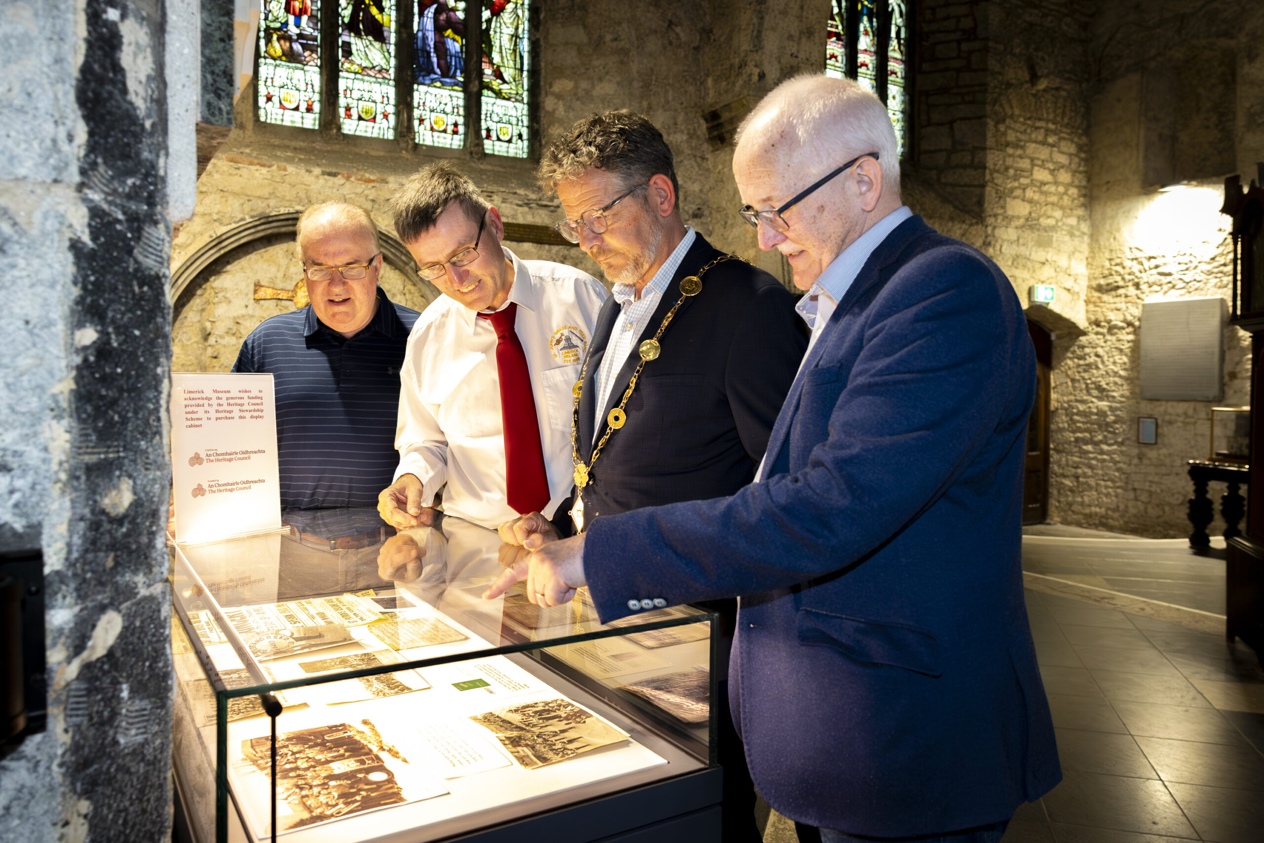 St John’s Brass and Reed Band celebrate 160 years at St Mary's Cathedral with guest of honour Mayor of Limerick John Moran - Mayor of Limerick John Moran admiring one of the displays with Tony McCarthy Chairperson St John’s Brass and Reed Band Dr Matthew Potter and Dr Derek Mulcahy - Picture by Kieran Ryan-Benson - Picture by Kieran Ryan-Benson