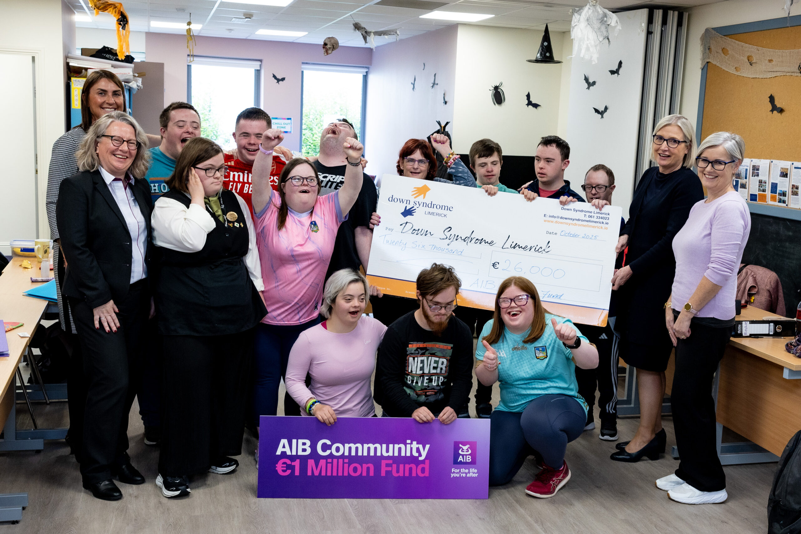 2025 Community Fund donation to Down Syndrome Limerick at their centre in Castletroy, Limerick. Judy Tighe, Manager and Katherine Betti, AIB O'Connell Street with Michelle Coughlan, Chairperson Downn Syndrome Limerick and Sarah Ahern, Operation Manager Downn Syndrome Limerick, Paul and Hugh Betti and members of the Downn Syndrome Limerick. Picture: Keith Wiseman
