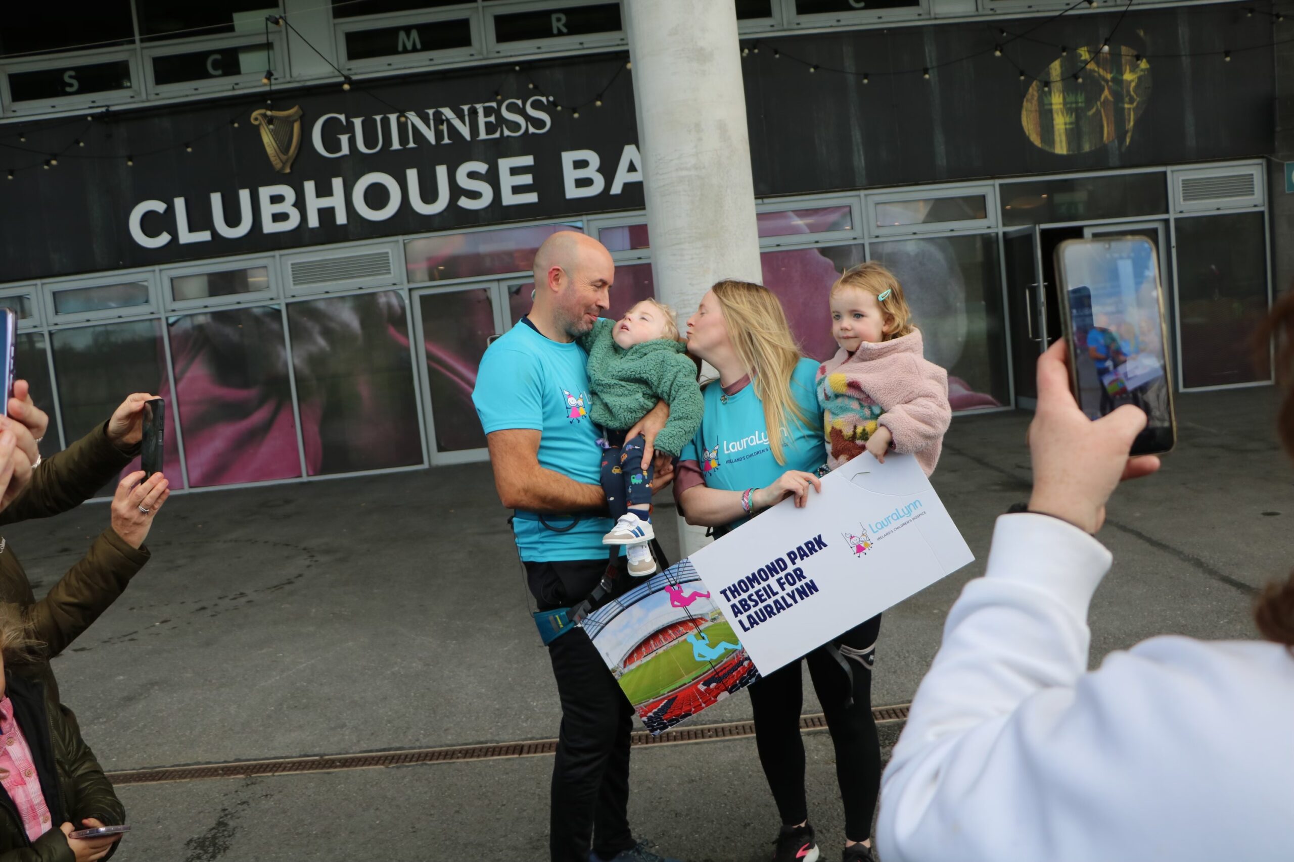 Pictured at the first LauraLynn Abseil Fundraiser at Thomond Park is Catherine Downey, Colm Naughton and their children Éanna and Neala after Colm proposed to long-term partner Catherine while abseiling 42.5 metres from the West Stand. Colm and Catherine’s son Éanna attends LauraLynn.