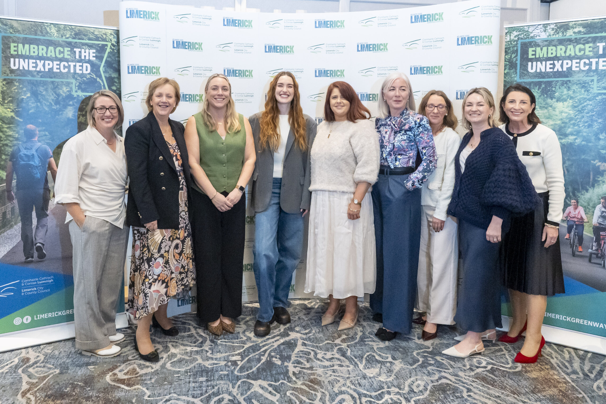 Eileen Coleman, Limerick City and County Council, Marie O'Gorman Skelly, Strand Hotel, Geraldine Newell, Failte ireland, guest speaker Roz Purcell, Caoimhe Moloney, Shannon Region Conference and Sports Bureaul, Patricia Roberts, No1 Pery Square, Danielle, Devaney, Shannon Region Conference and Sports Bureaul, Margaret Jenkins, Failte ireland and Ruth Vaughan, Limerick DAC pictured as over 100 tourism businesses from counties Clare and Limerick this week attended a Fáilte Ireland Industry Networking Event in The Stand Hotel, Limerick. The event was organised to strengthen collaboration between tourism businesses from both counties, encouraging them to work together to attract more visitors, extend says and boost local spending. Face-to-face networking sessions took place among the tourism businesses providing them with the opportunity to forge new connections and renew old ones.   Pic: Don Moloney