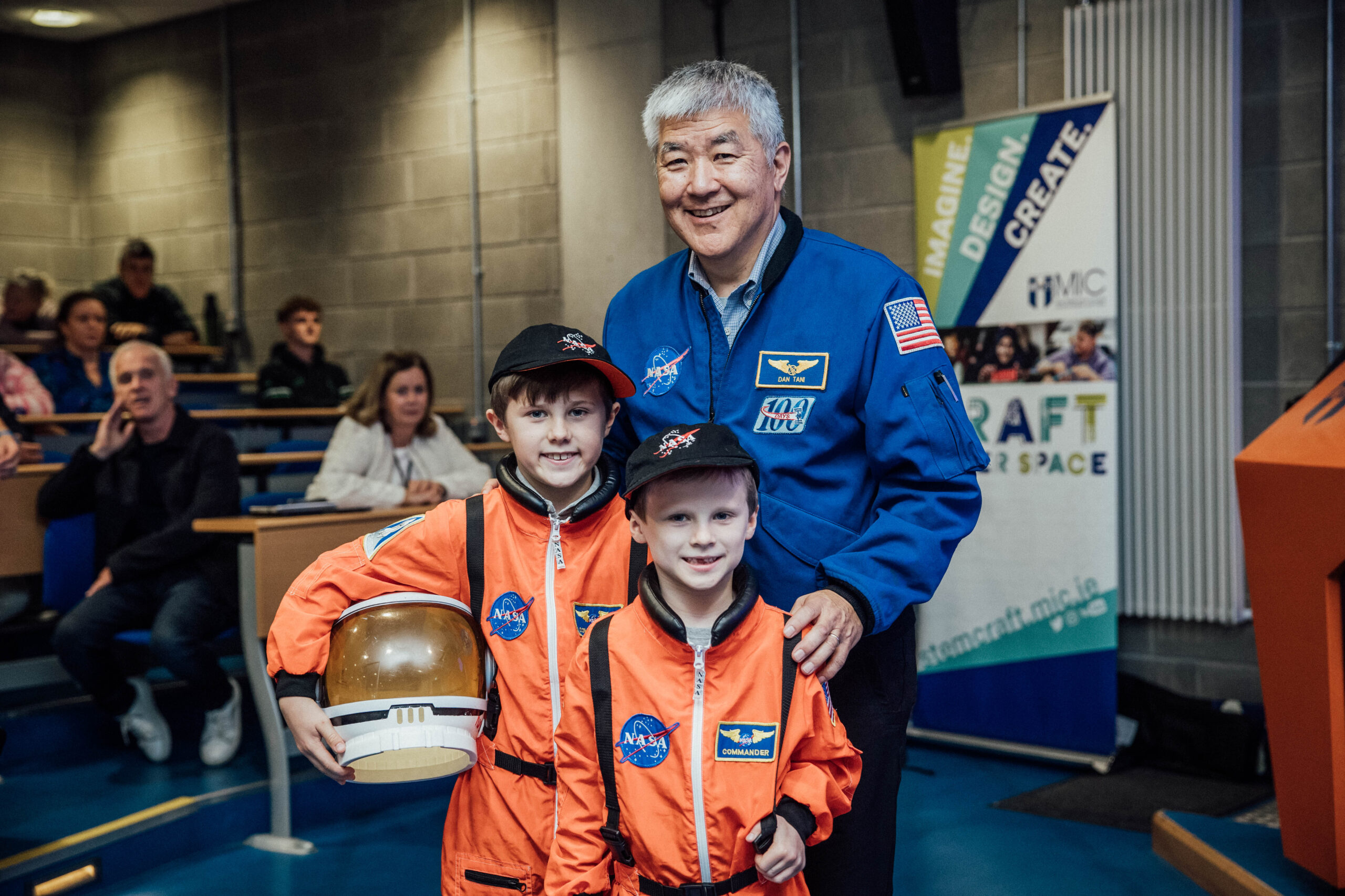 Pictured with former NASA astronaut Dan Tani were brothers Theo and Hugh Egan of Killinure National School, Boher. Co. Limerick. space week 2025