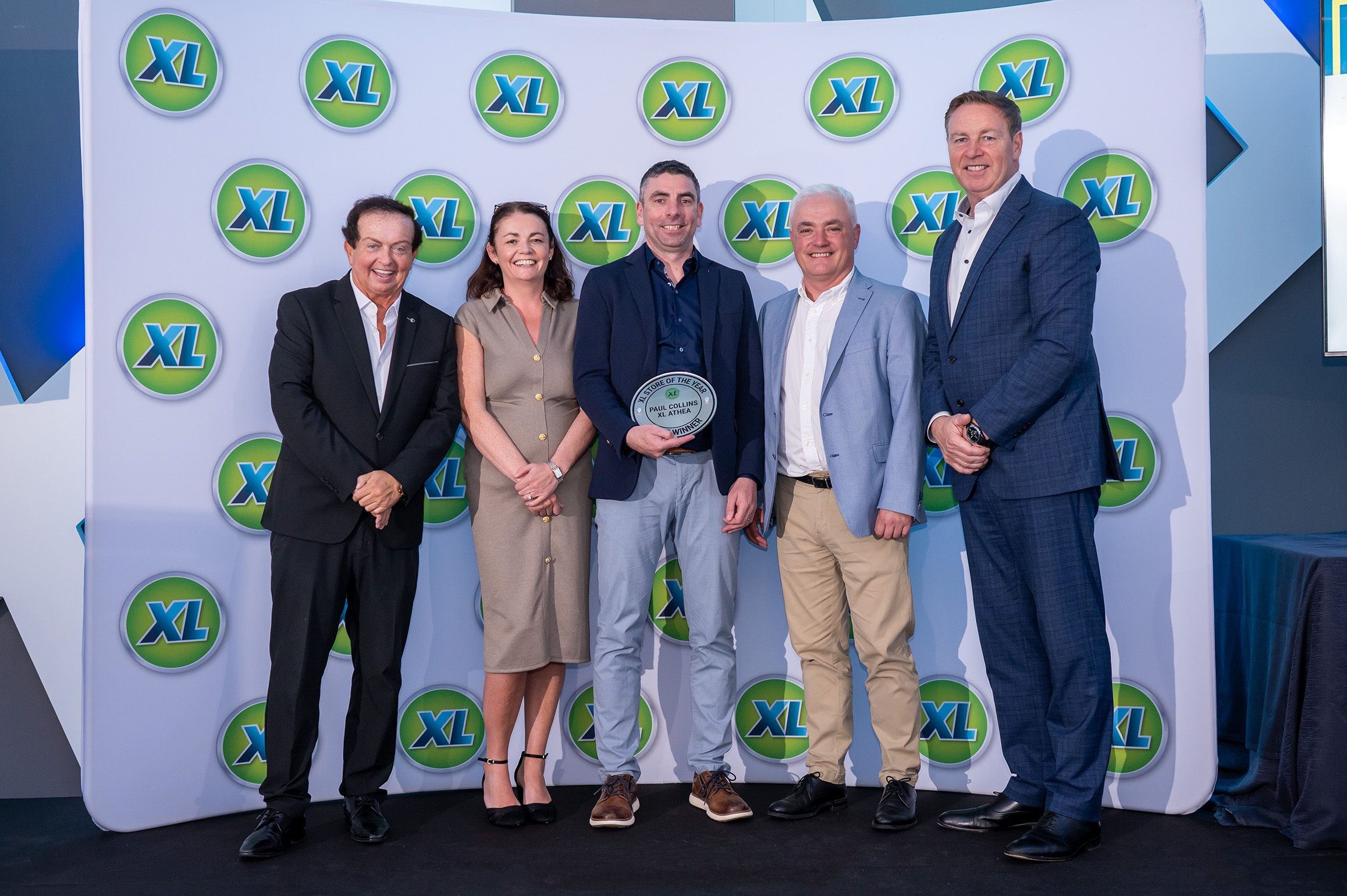 Pictured at the XL Retail Awards 2025 in Calpe, Spain were Marty Morrissey, MC; Audrey and Paul Collins, XL Athea; Michael Collins, Chief Wholesale and Logistics Officer, BWG Foods; Paul Bealin, Cash & Carry Sales Director, BWG Foods