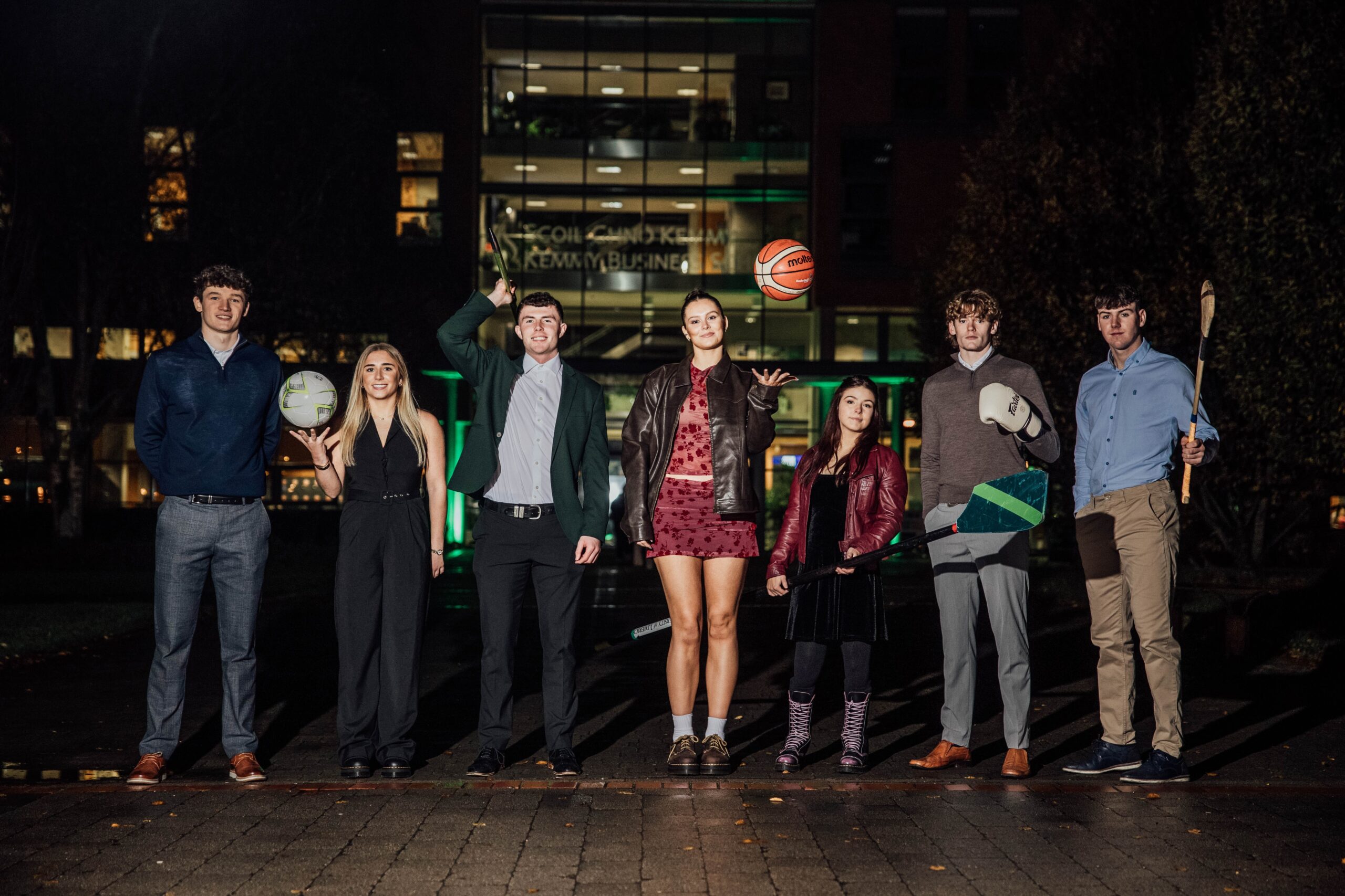 High performance sports scholars at University of Limerick pictured on campus ahead of UL’s largest ever Sports Scholarship Academy Awards. Left to right: John Shortt, Ellen Molloy, Oisín Joyce, Sabhbh Edwards Murphy, Sadhbh Ní Laoghaire Sutker, Shane Allison and Killian Doyle. The group represents just a snapshot of UL’s record 140 sports scholars, the biggest cohort in the programme’s history. The 2025 awards mark another milestone in UL’s rise as Ireland’s leading home for elite student-athletes.