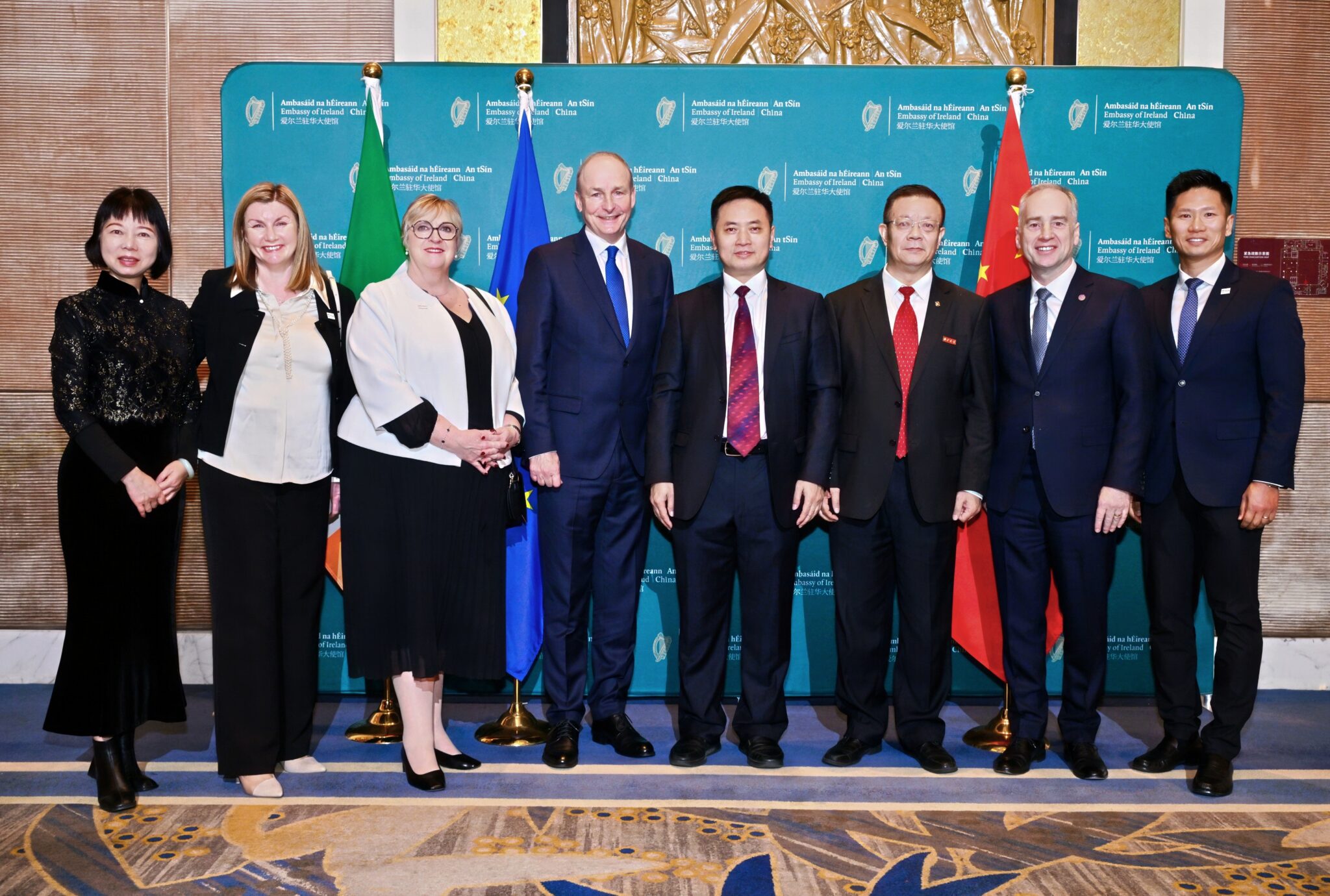 China Visit 1: Zhu Fanxi, Director of International Office for Global Engagement, FOSU; Mary Simpson, Director of Global Engagement & Partnership, TUS; Professor Raphaela Kane, Chief Academic Officer, TUS; Taoiseach Micheál Martin; Professor Xu Xiangmin, President, FOSU; Professor Luo Shaoming, Chairman, FOSU; Irish Ambassador to China; Dr Nicholas O’Brien; Meng Jing Jack, Director of Asia, TUS, at the Transnational Education Event in Beijing.